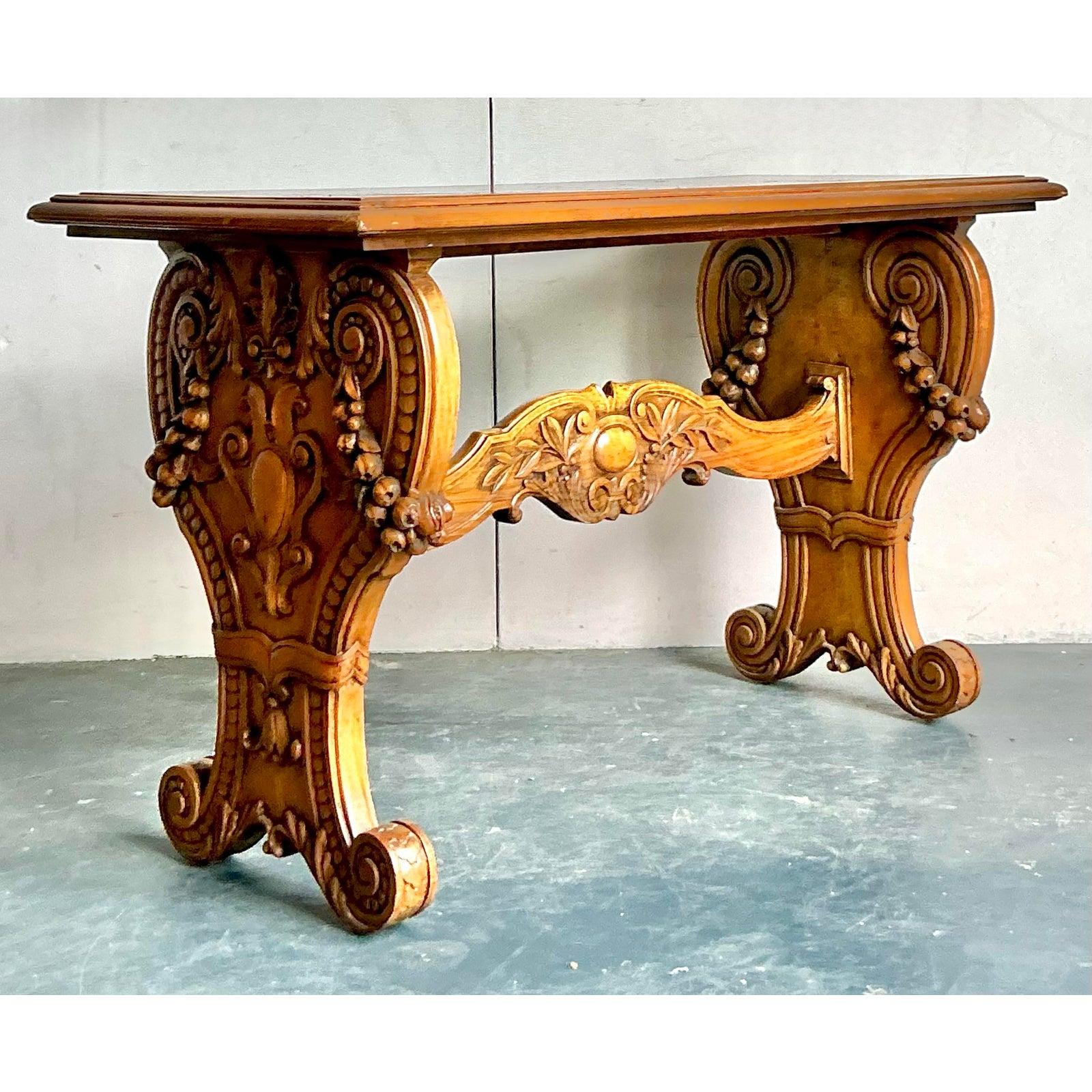 20th Century Vintage Boho Carved Burl Wood Console Table For Sale