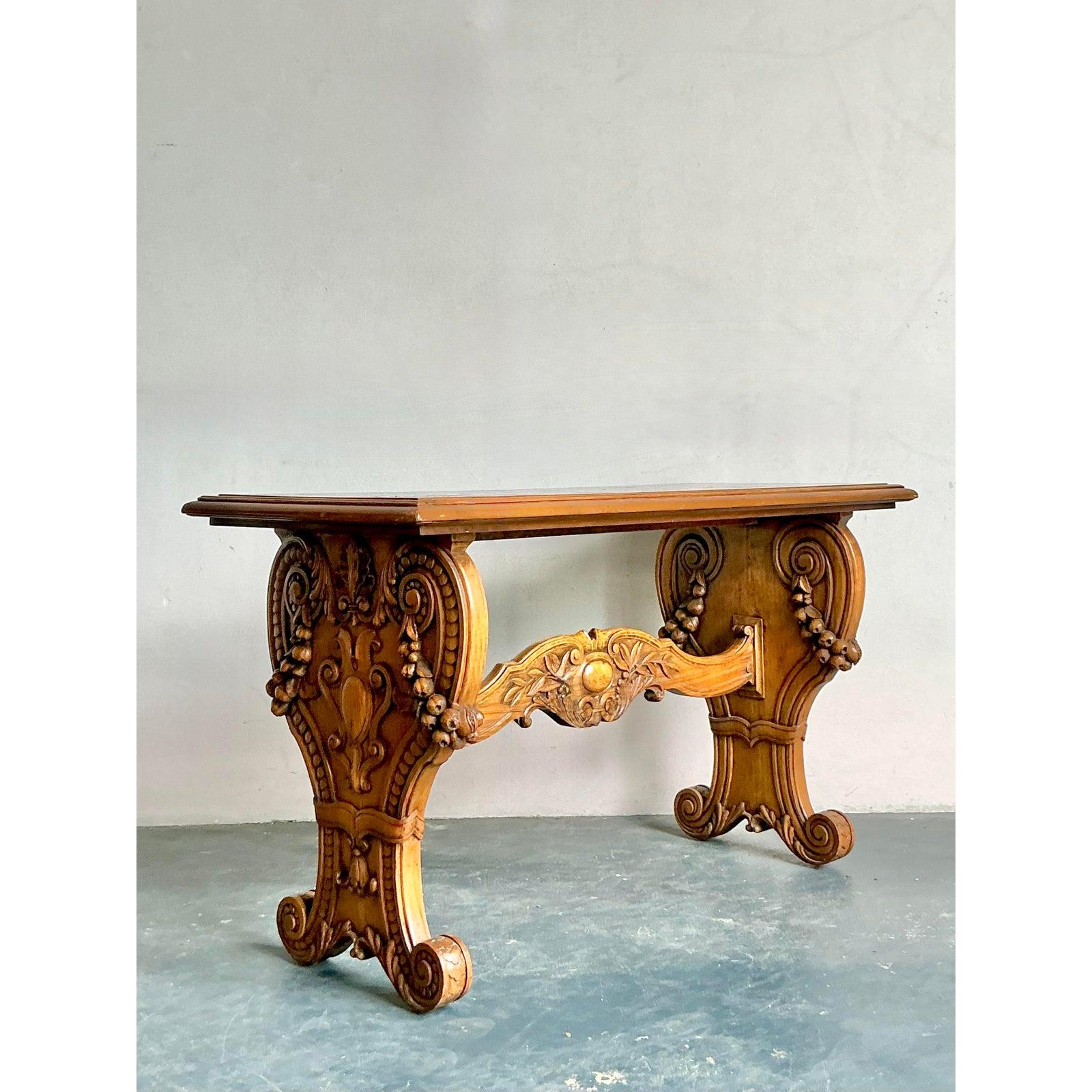 Vintage Boho Carved Burl Wood Console Table For Sale 3