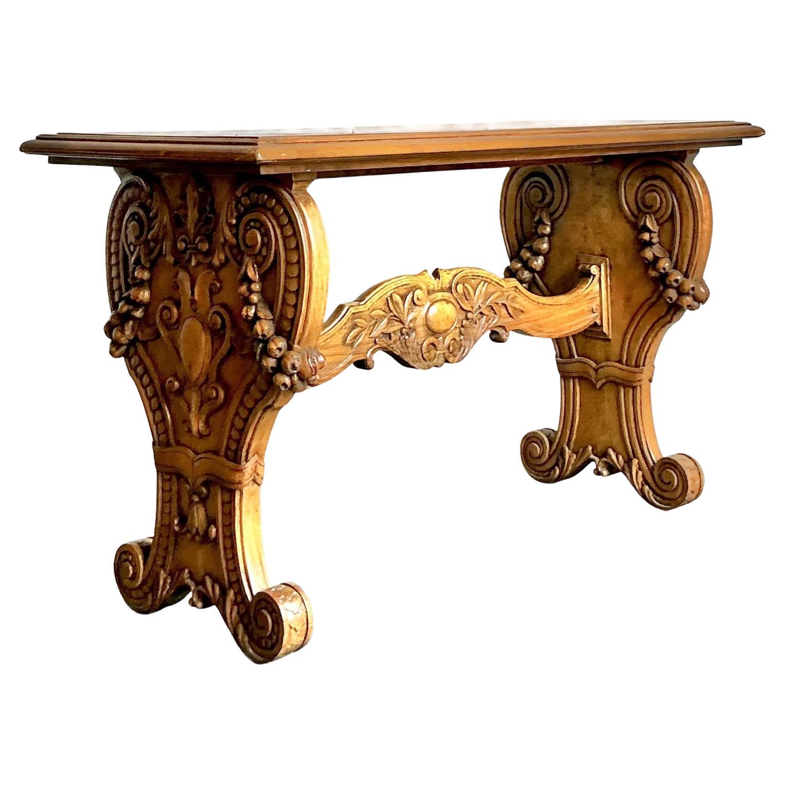 Vintage Boho Carved Burl Wood Console Table For Sale