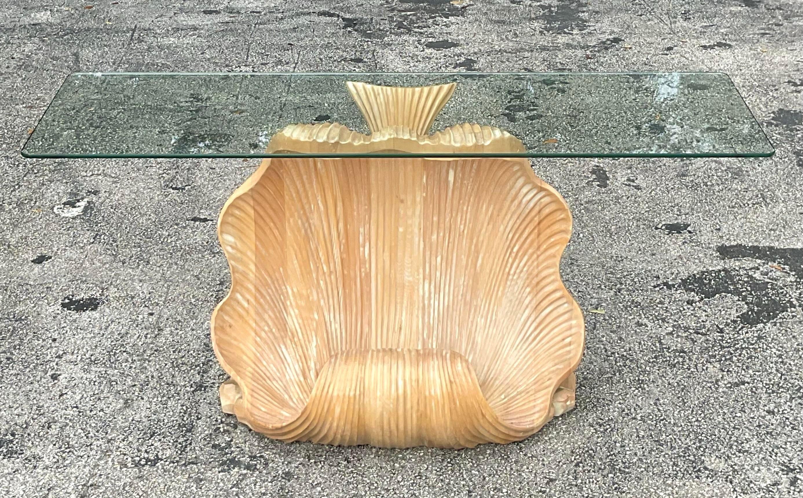 Vintage Boho Carved Clamshell Console Table In Good Condition For Sale In west palm beach, FL