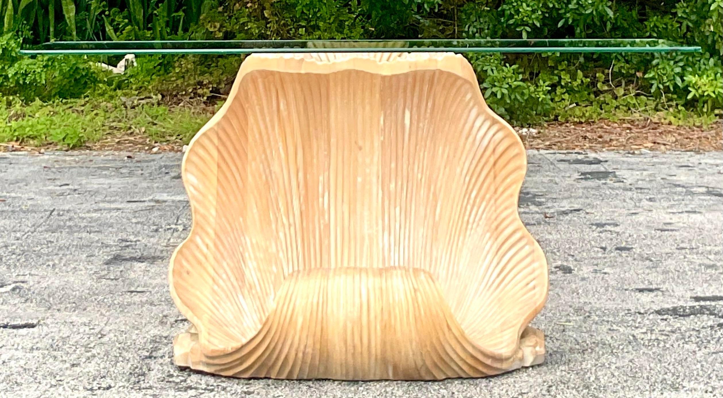 20th Century Vintage Boho Carved Clamshell Console Table For Sale