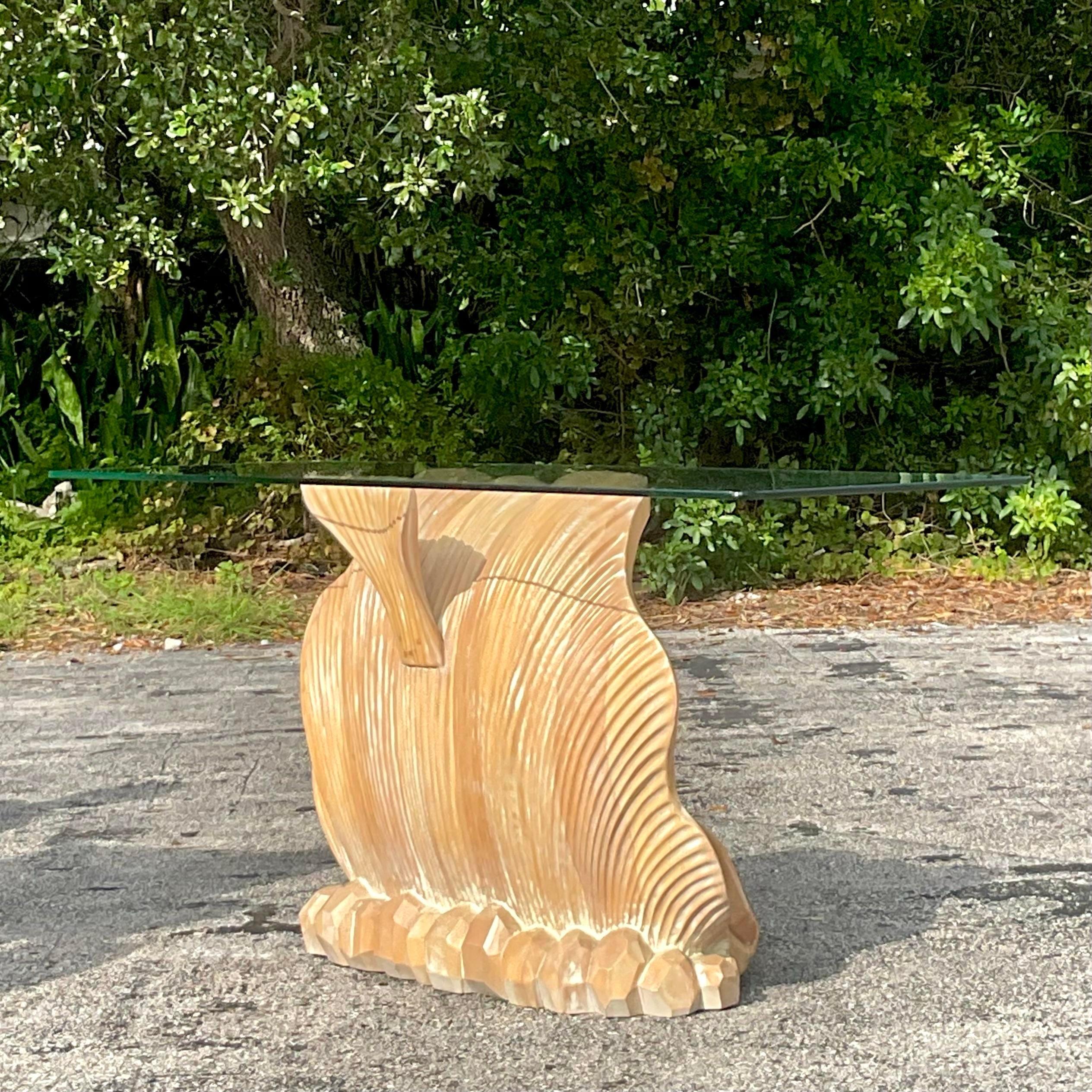 Wood Vintage Boho Carved Clamshell Console Table For Sale