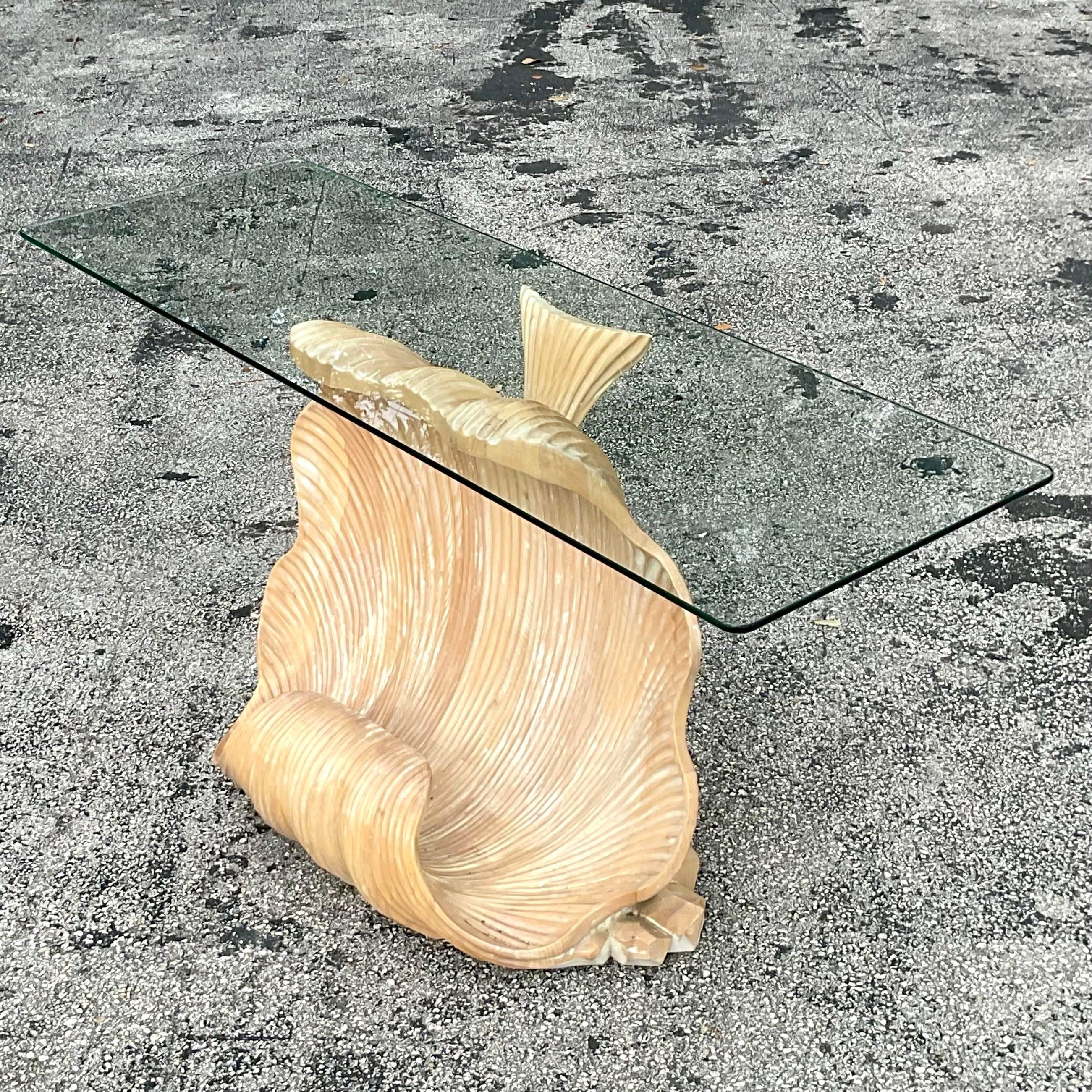 Vintage Boho Carved Clamshell Console Table For Sale 1