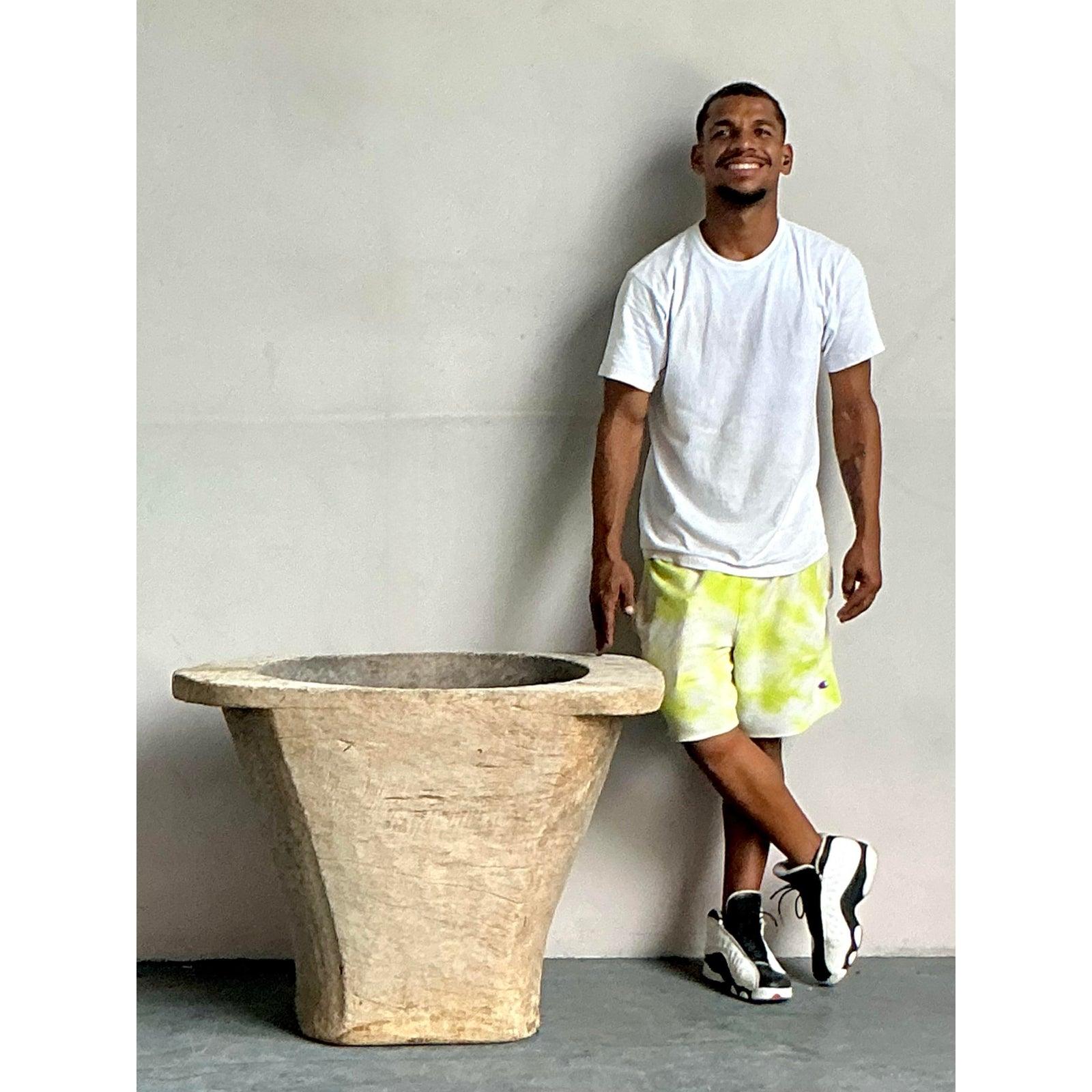 Vintage Boho Carved Coconut Trunk Planter For Sale 3