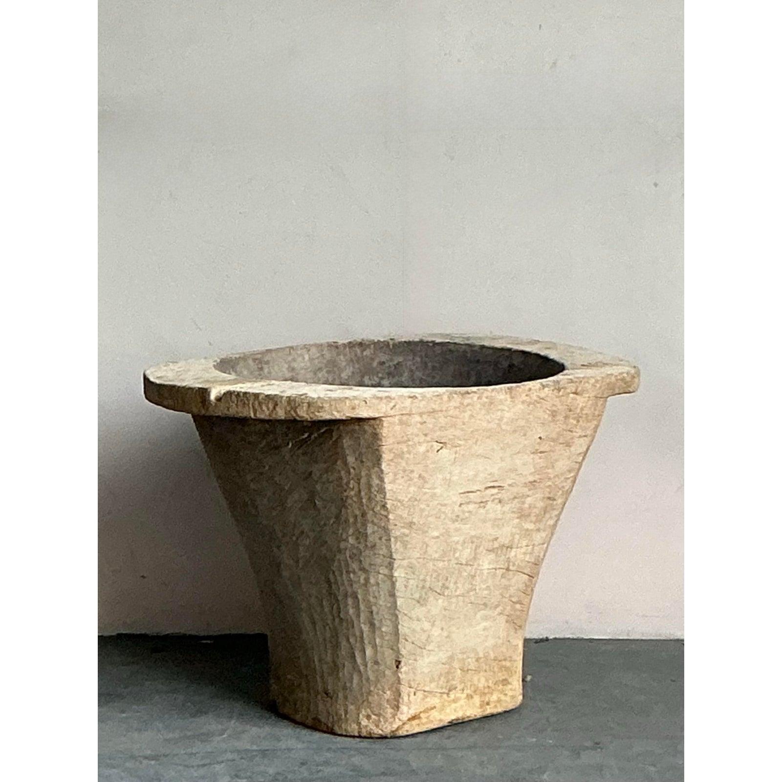Vintage Boho Carved Coconut Trunk Planter For Sale 4