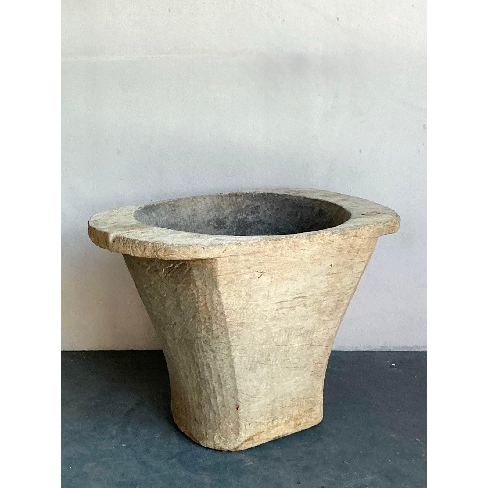Vintage Boho Carved Coconut Trunk Planter For Sale 5