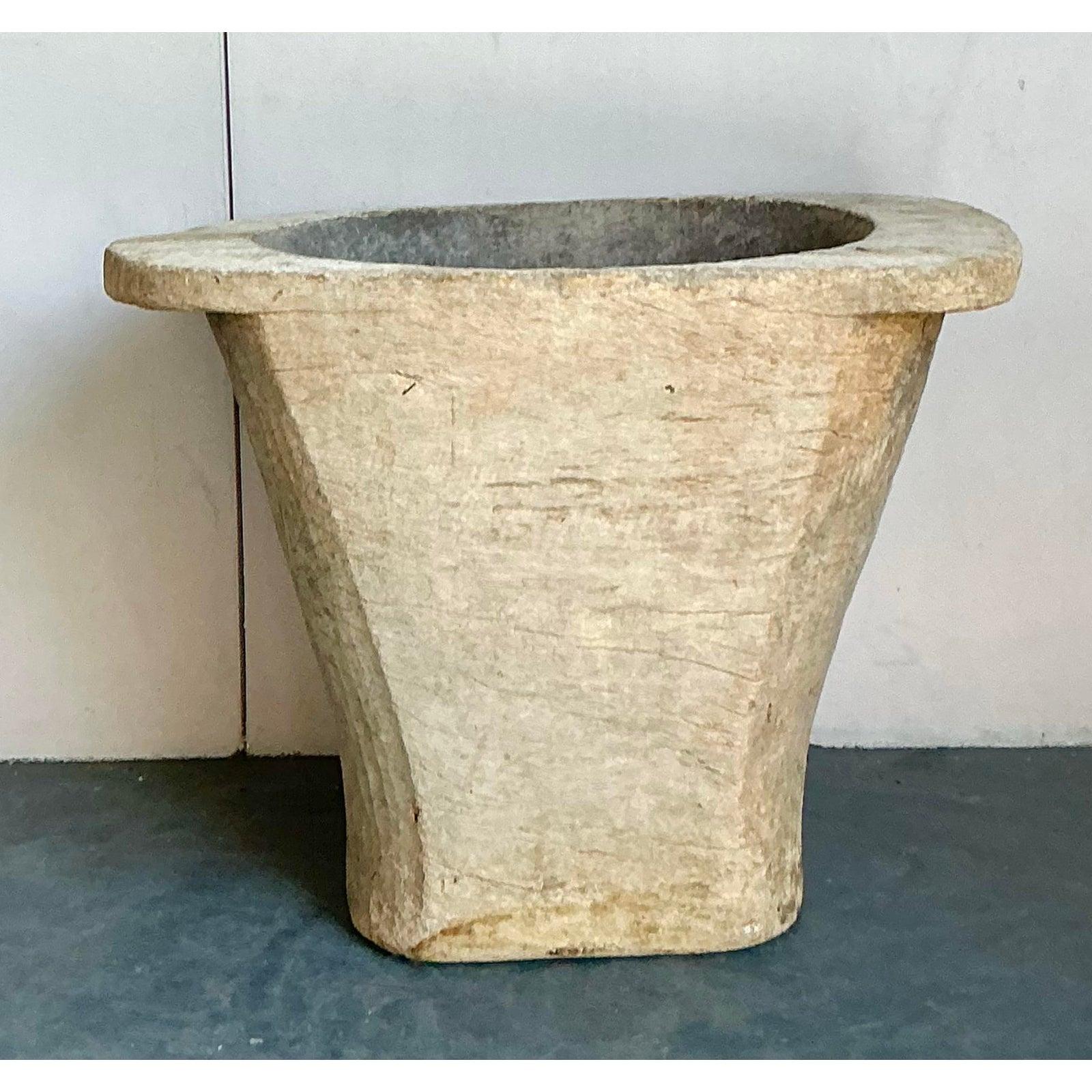 Art Deco Vintage Boho Carved Coconut Trunk Planter For Sale