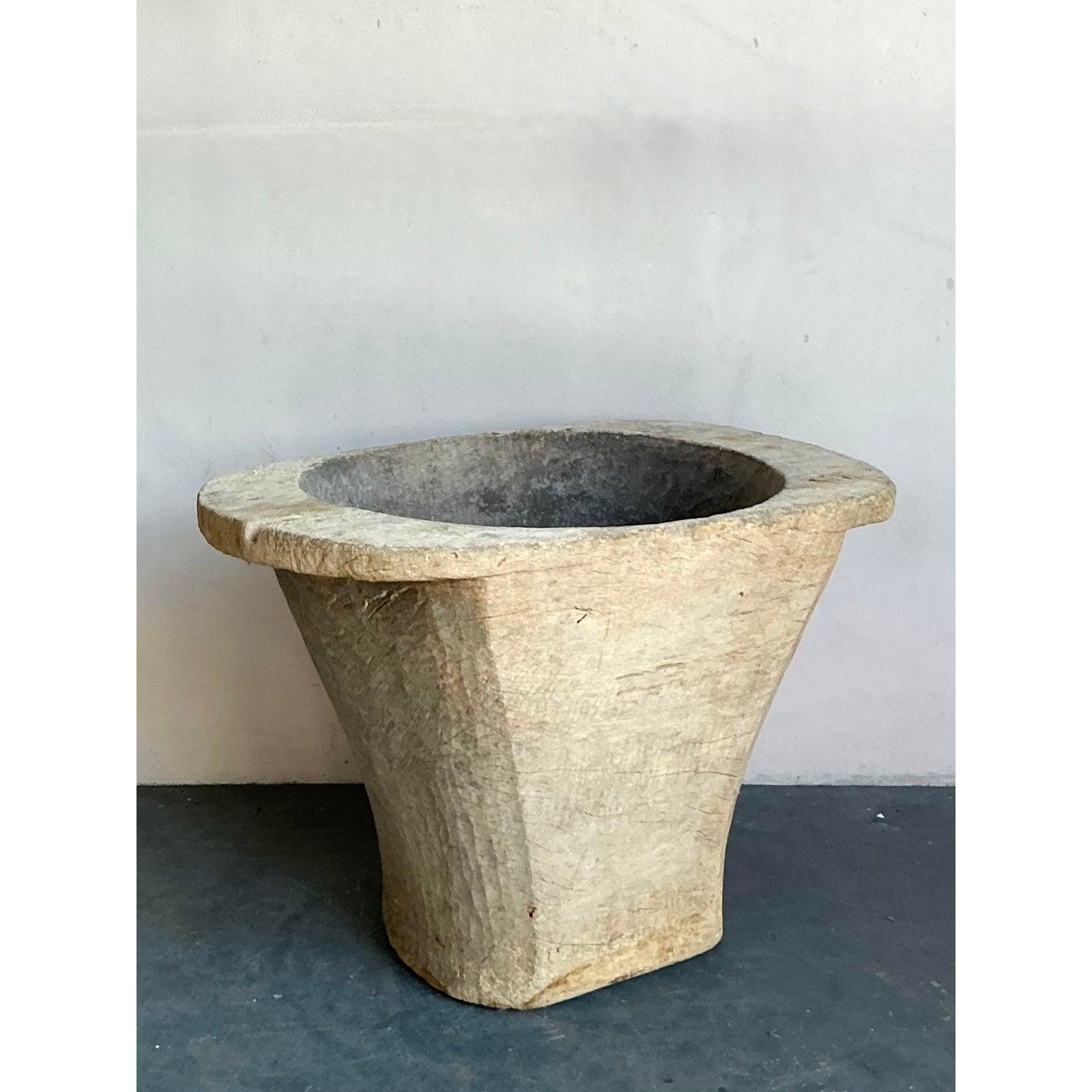 20th Century Vintage Boho Carved Coconut Trunk Planter For Sale