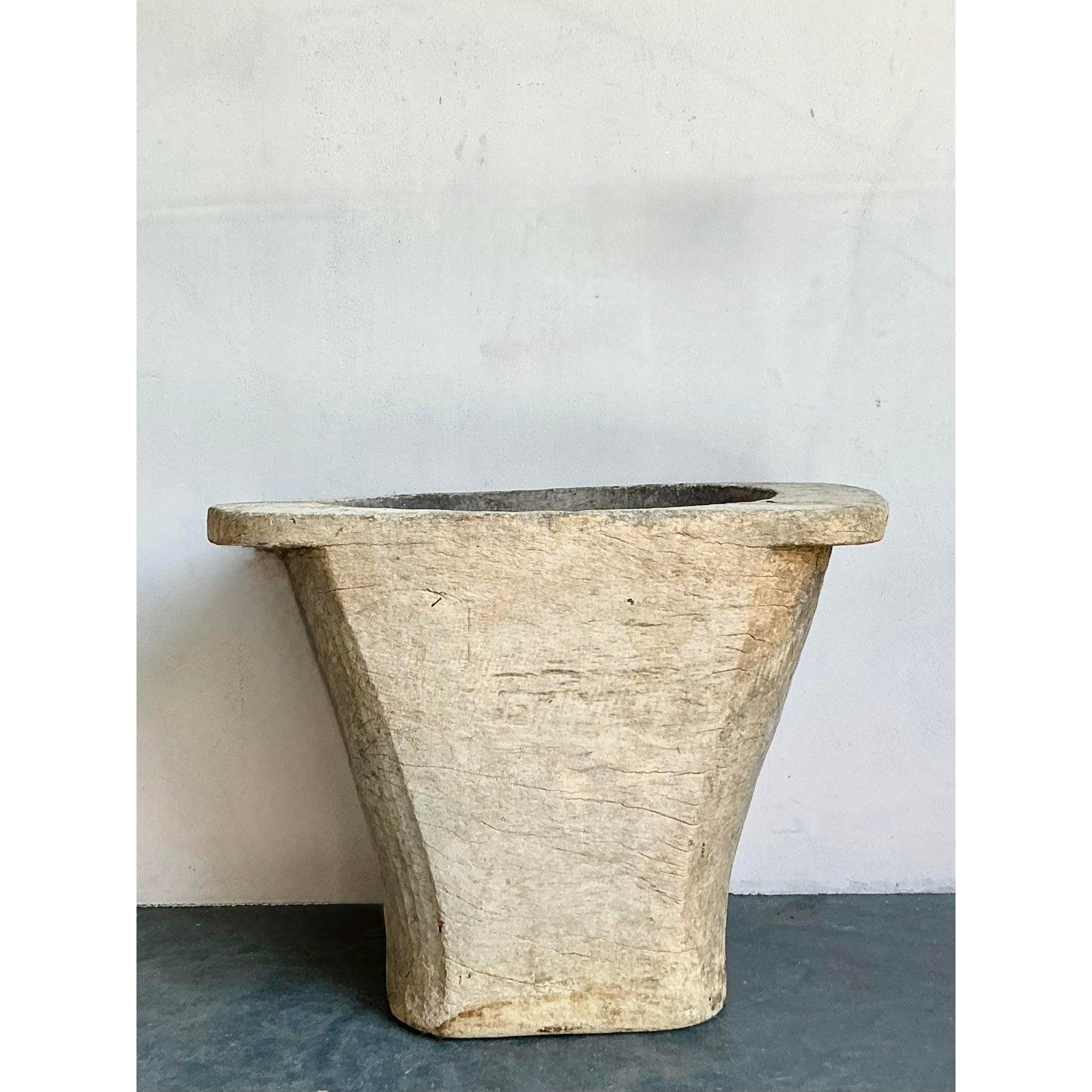 Wood Vintage Boho Carved Coconut Trunk Planter For Sale