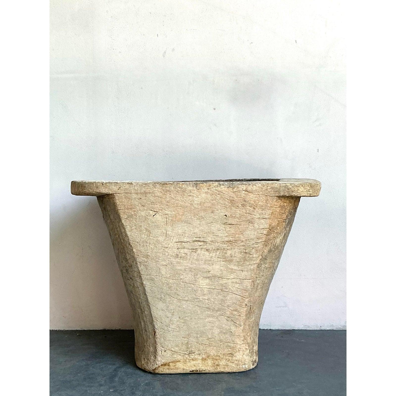 Vintage Boho Carved Coconut Trunk Planter For Sale 2