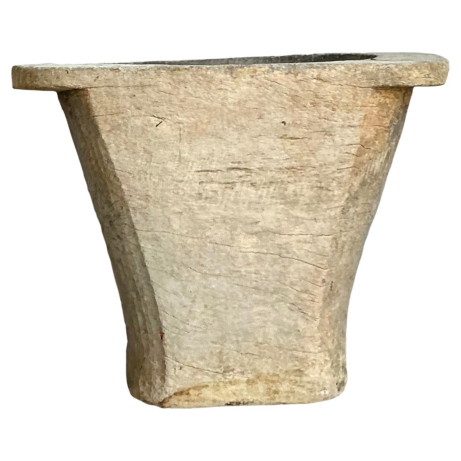 Vintage Boho Carved Coconut Trunk Planter For Sale