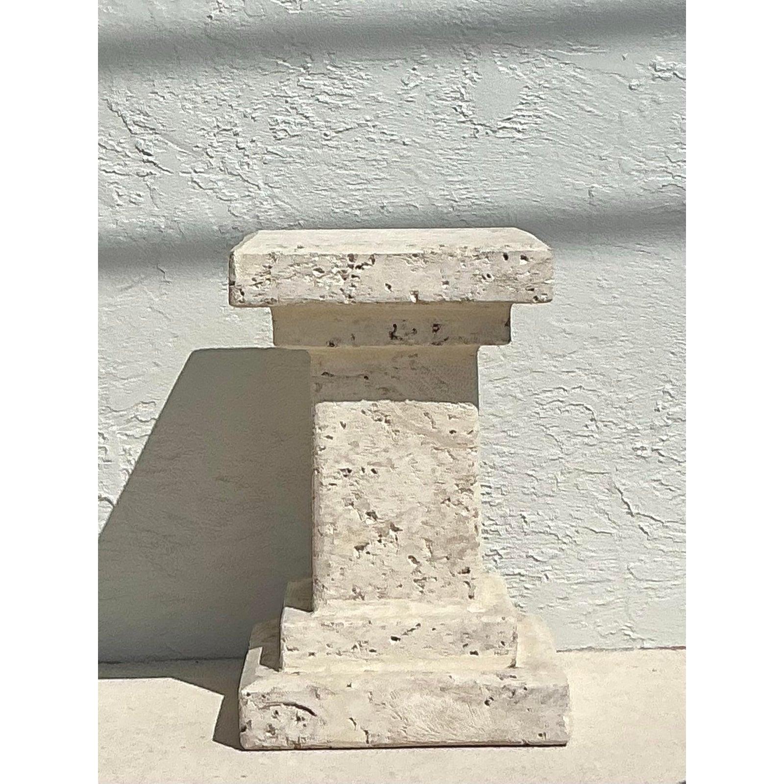 Post-Modern Vintage Boho Carved Coquina Pedestal For Sale
