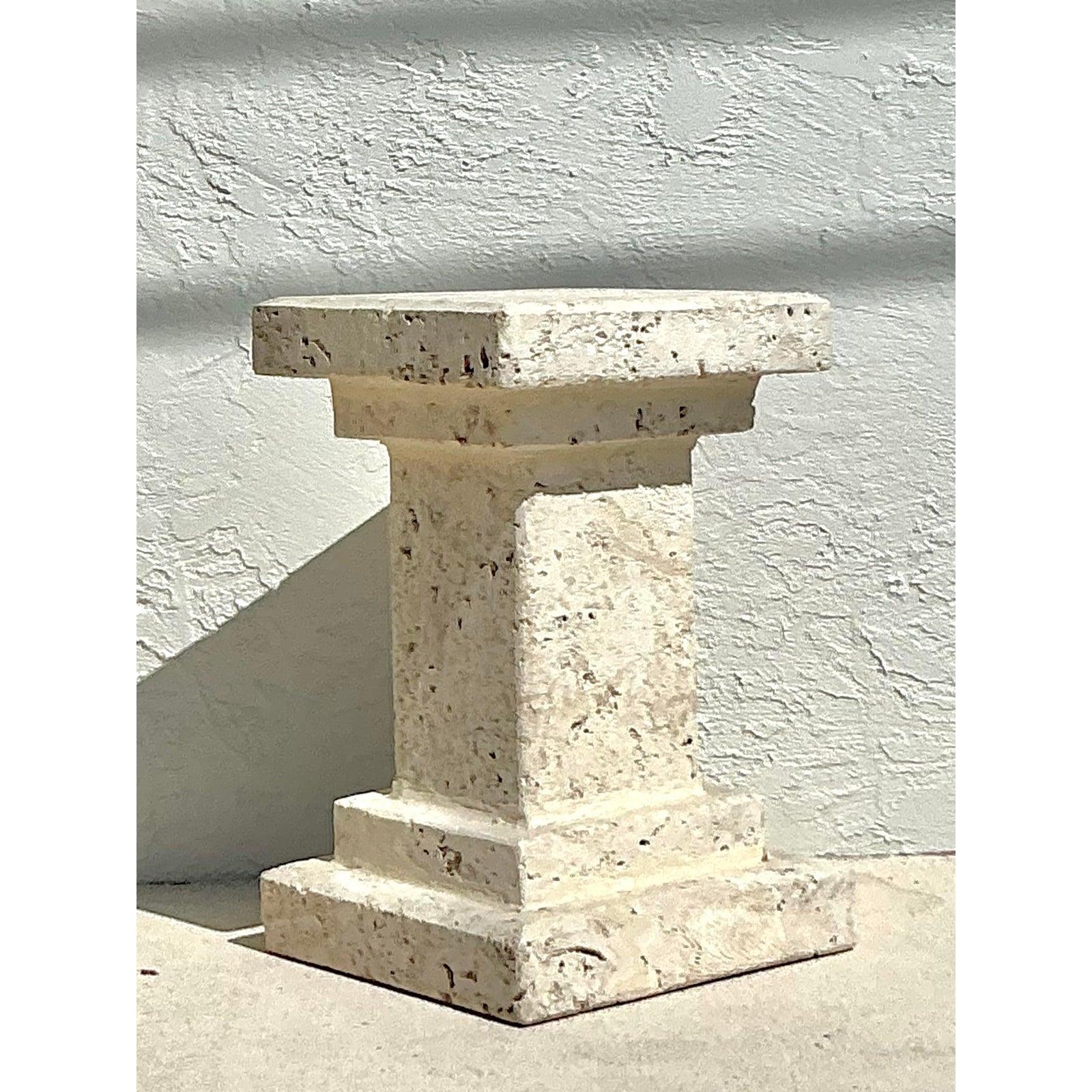 Stone Vintage Boho Carved Coquina Pedestal For Sale