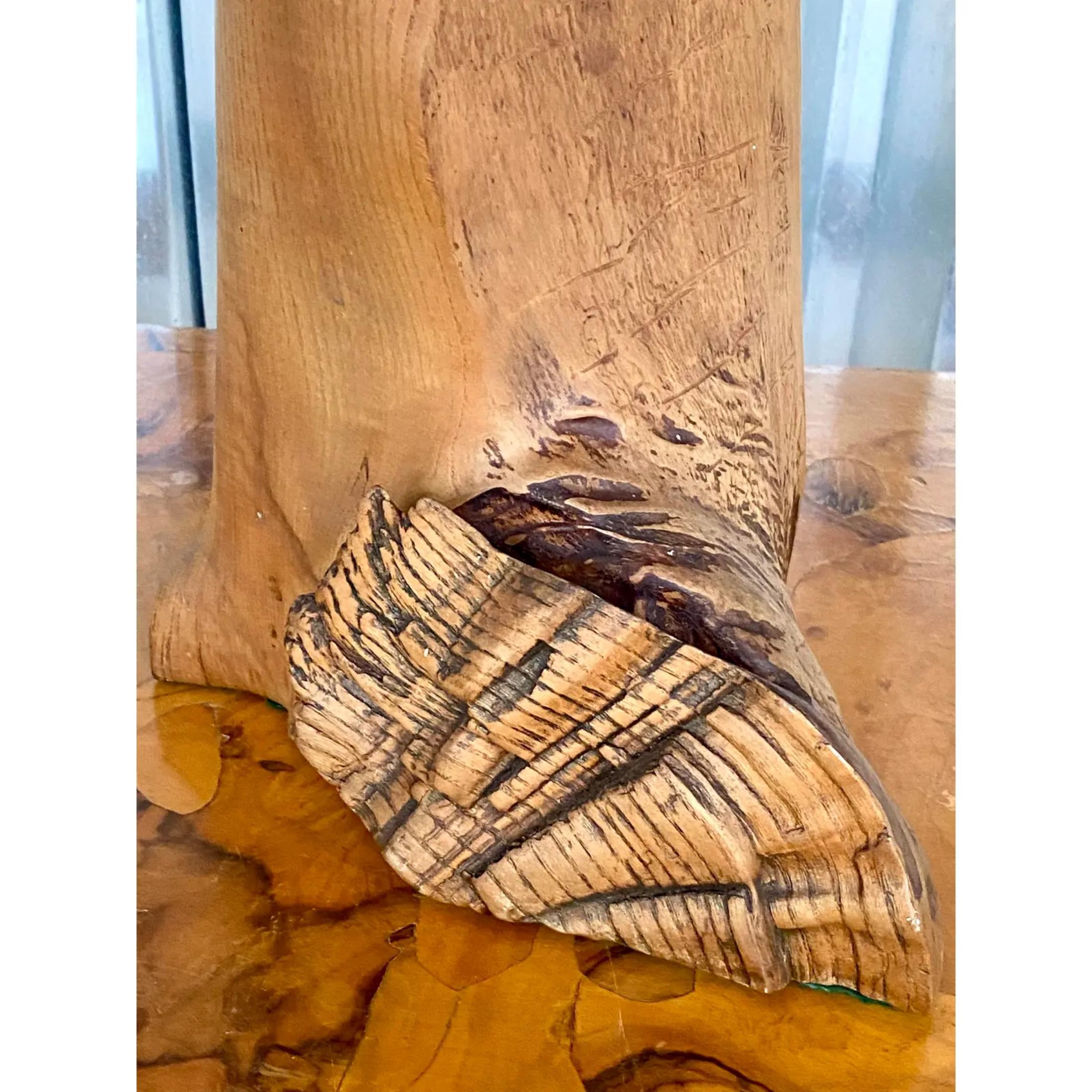 Fantastic vintage Boho wood lamp. Gorgeous finished wood knuckle with a craved area towards the bottom. A really striking lamp. Acquired from a Palm Beach estate