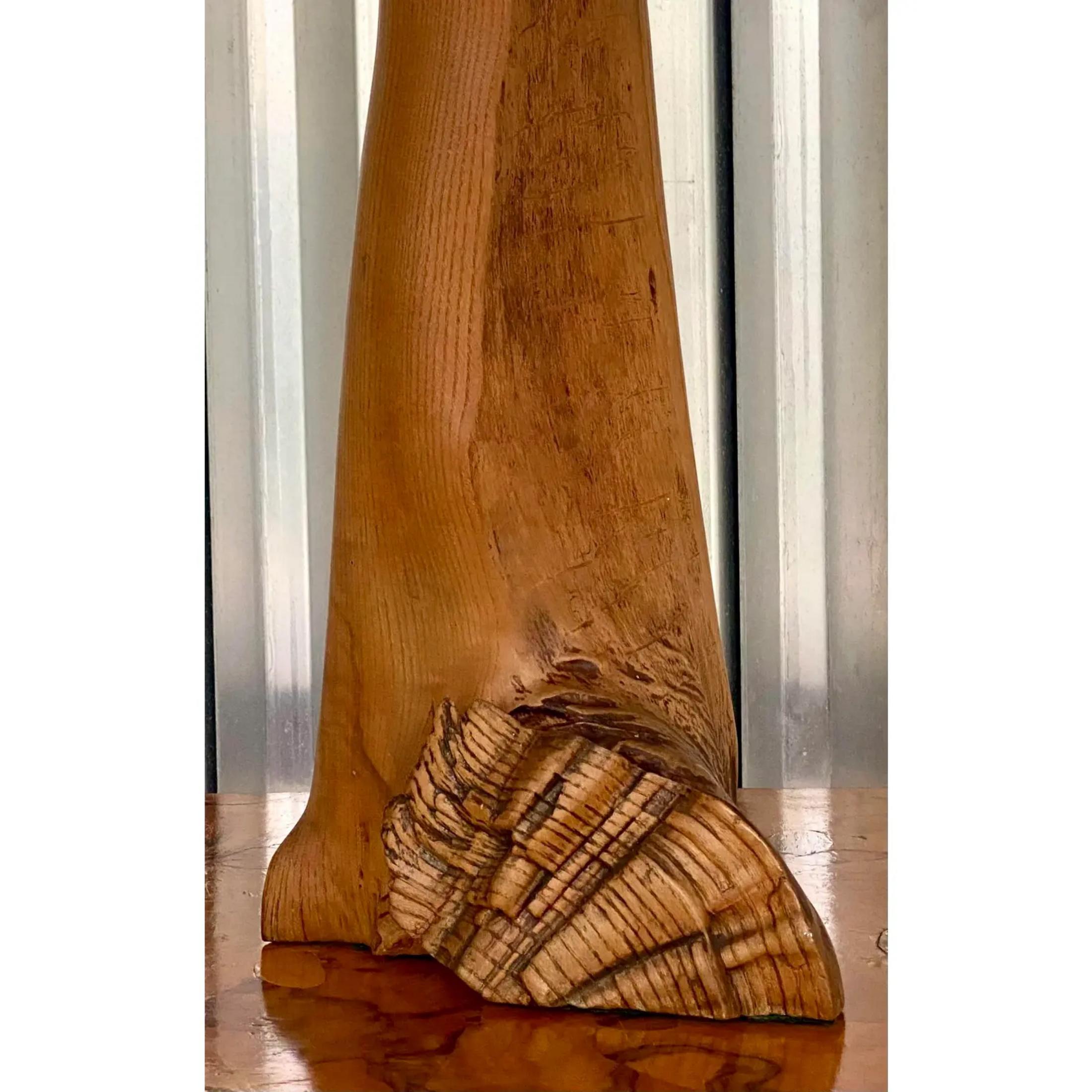 20th Century Vintage Boho Carved Driftwood Table Lamp For Sale