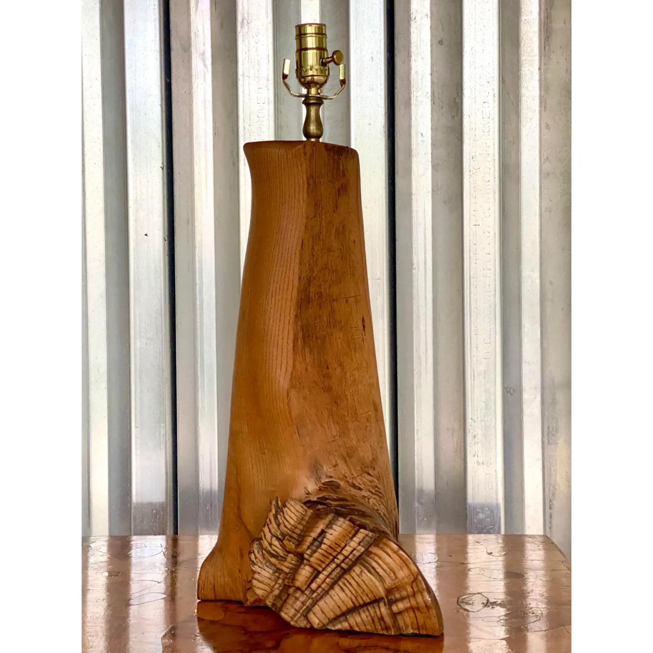 Vintage Boho Carved Driftwood Table Lamp For Sale 1