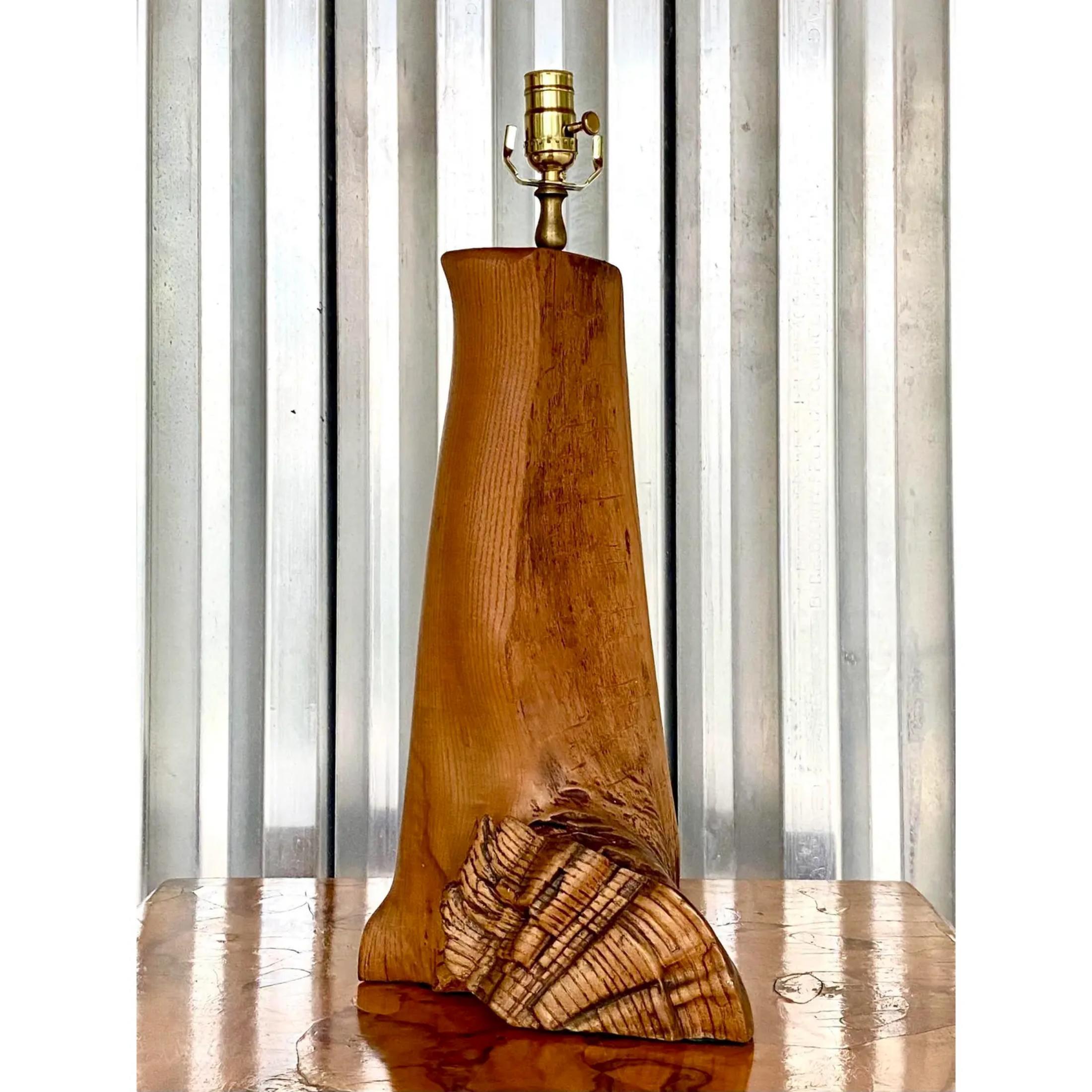 Vintage Boho Carved Driftwood Table Lamp For Sale 4