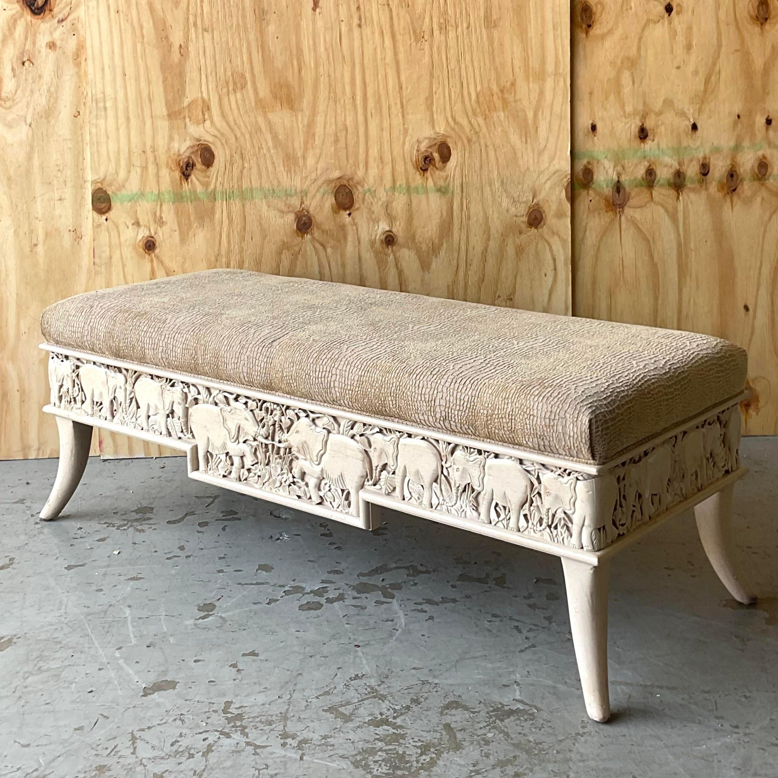 American Vintage Boho Carved Elephant Bench