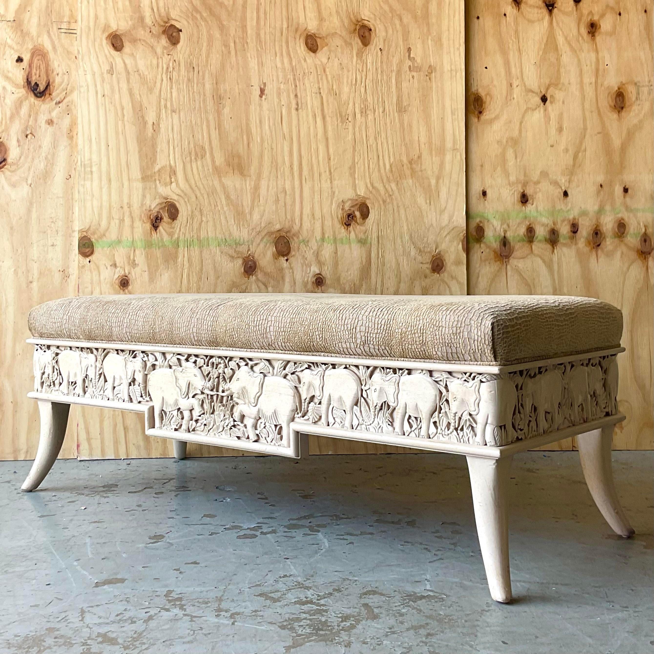 Vintage Boho Carved Elephant Bench In Good Condition In West Palm Beach, FL