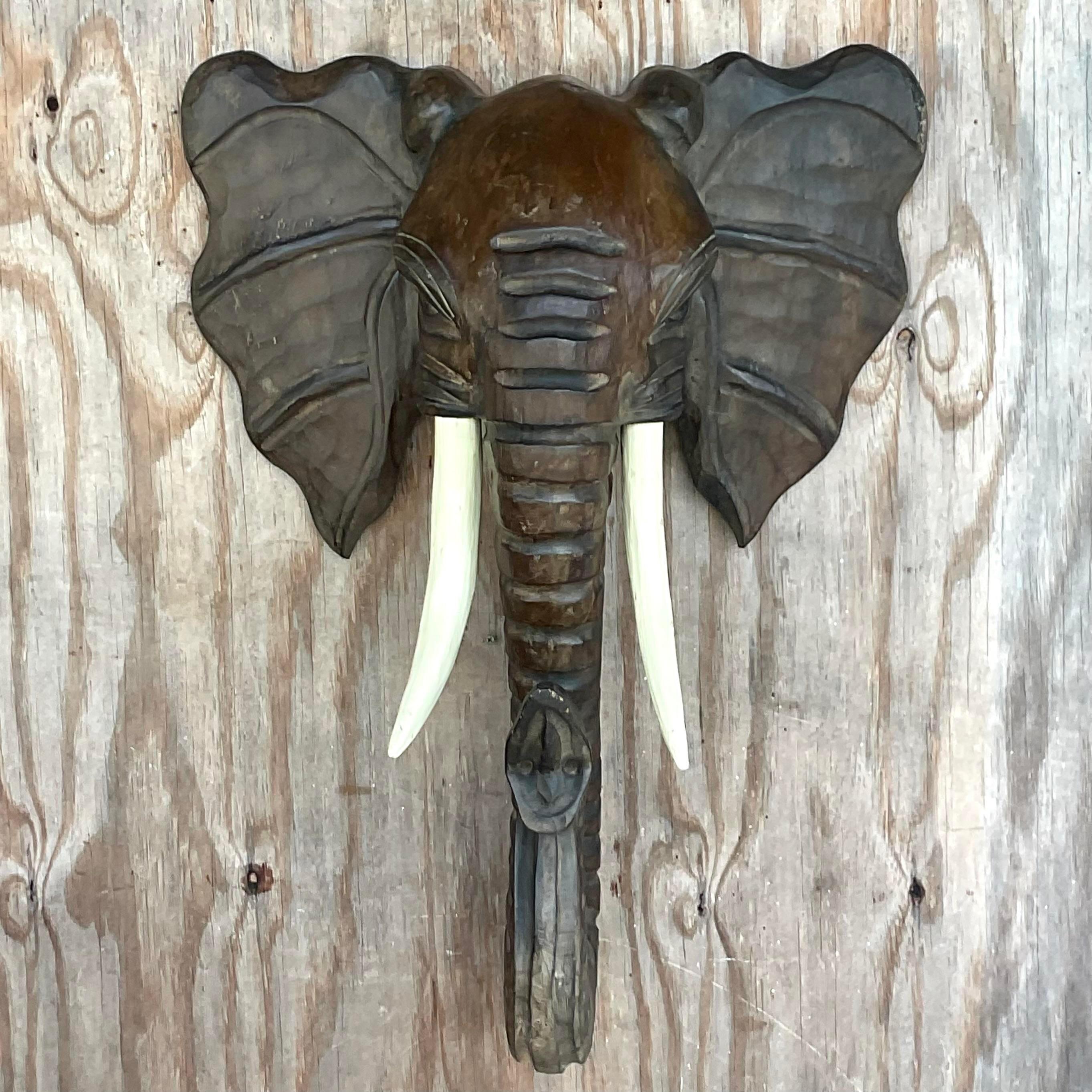 American Vintage Boho Carved Elephant Wall Sculpture For Sale
