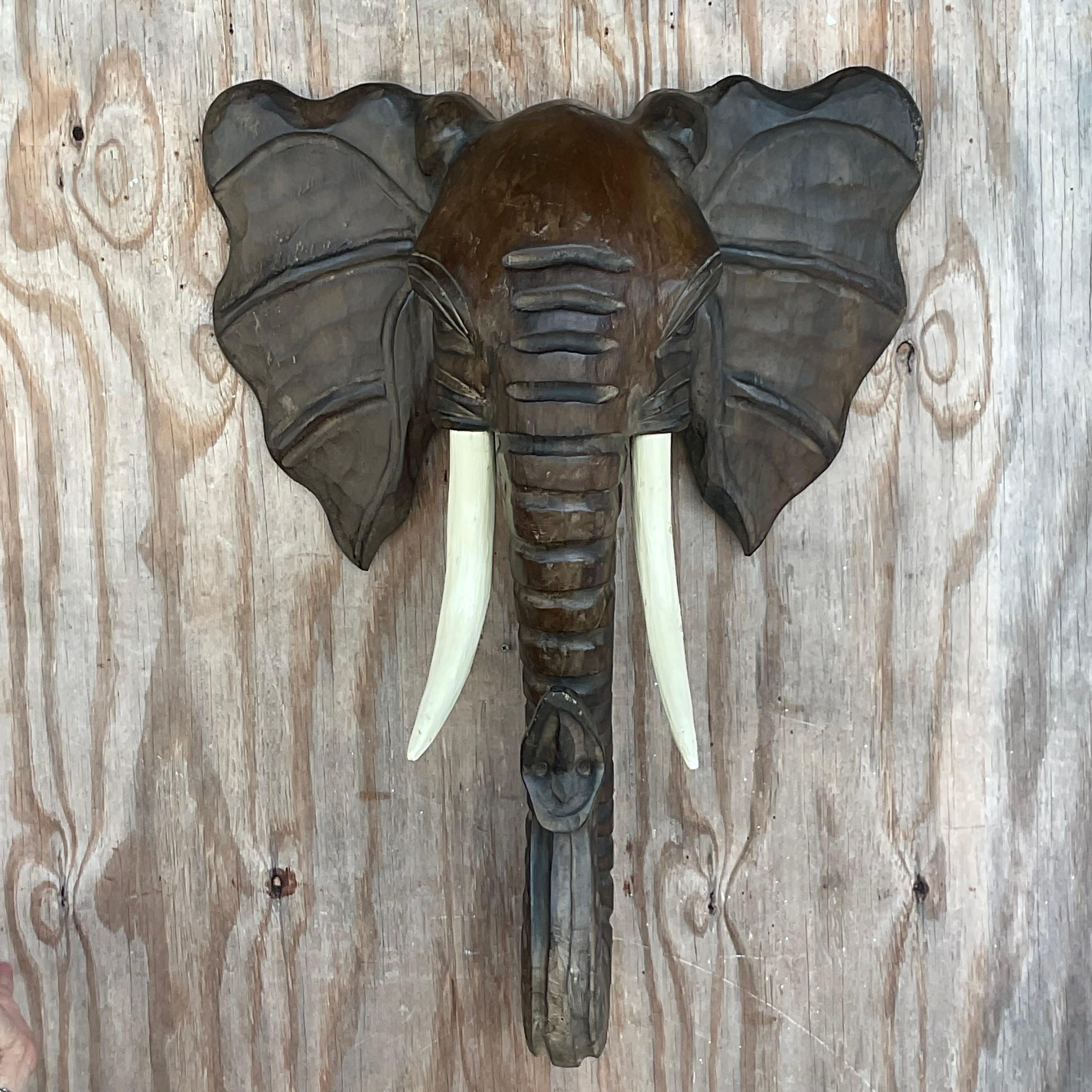 Vintage Boho Carved Elephant Wall Sculpture In Good Condition For Sale In west palm beach, FL