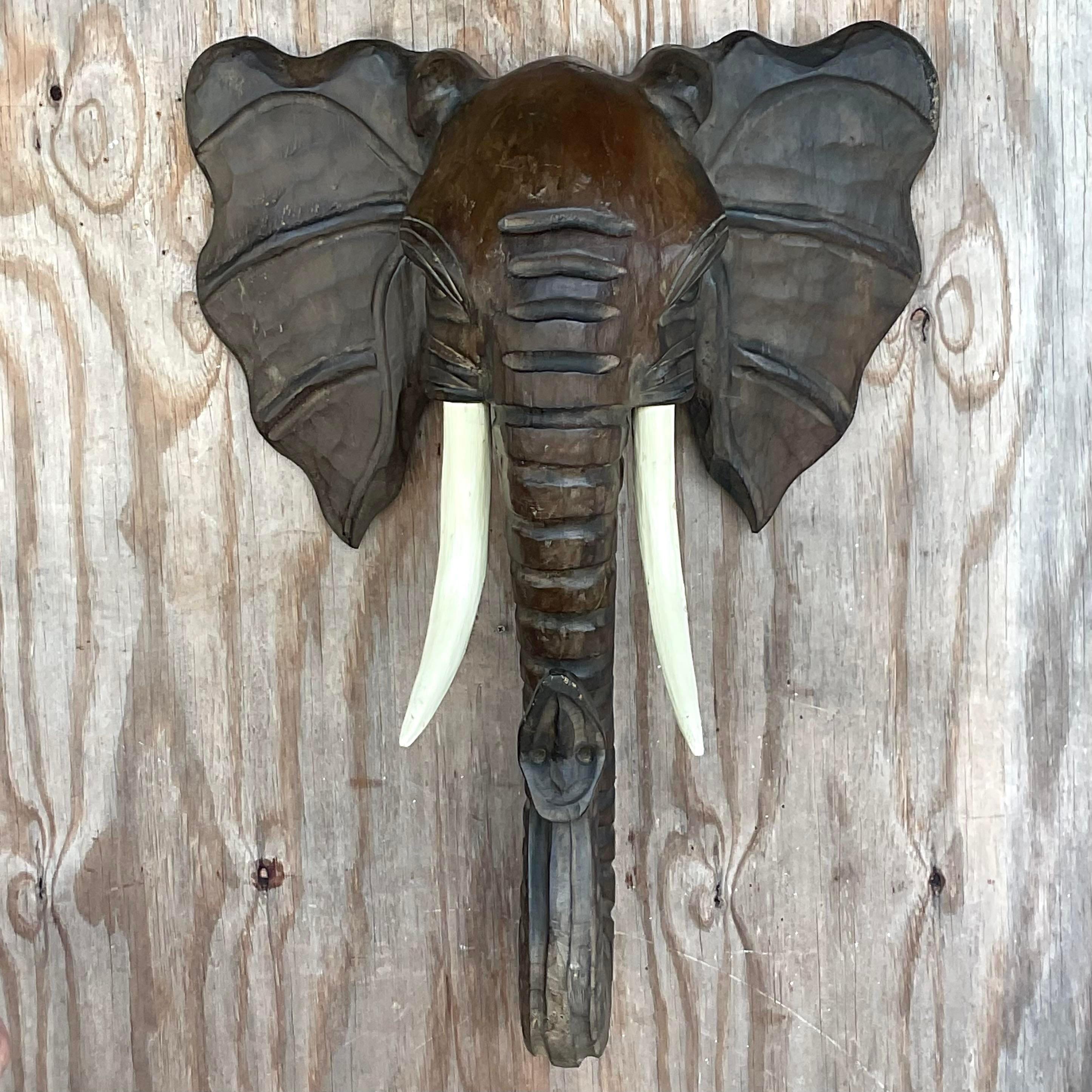 Wood Vintage Boho Carved Elephant Wall Sculpture For Sale