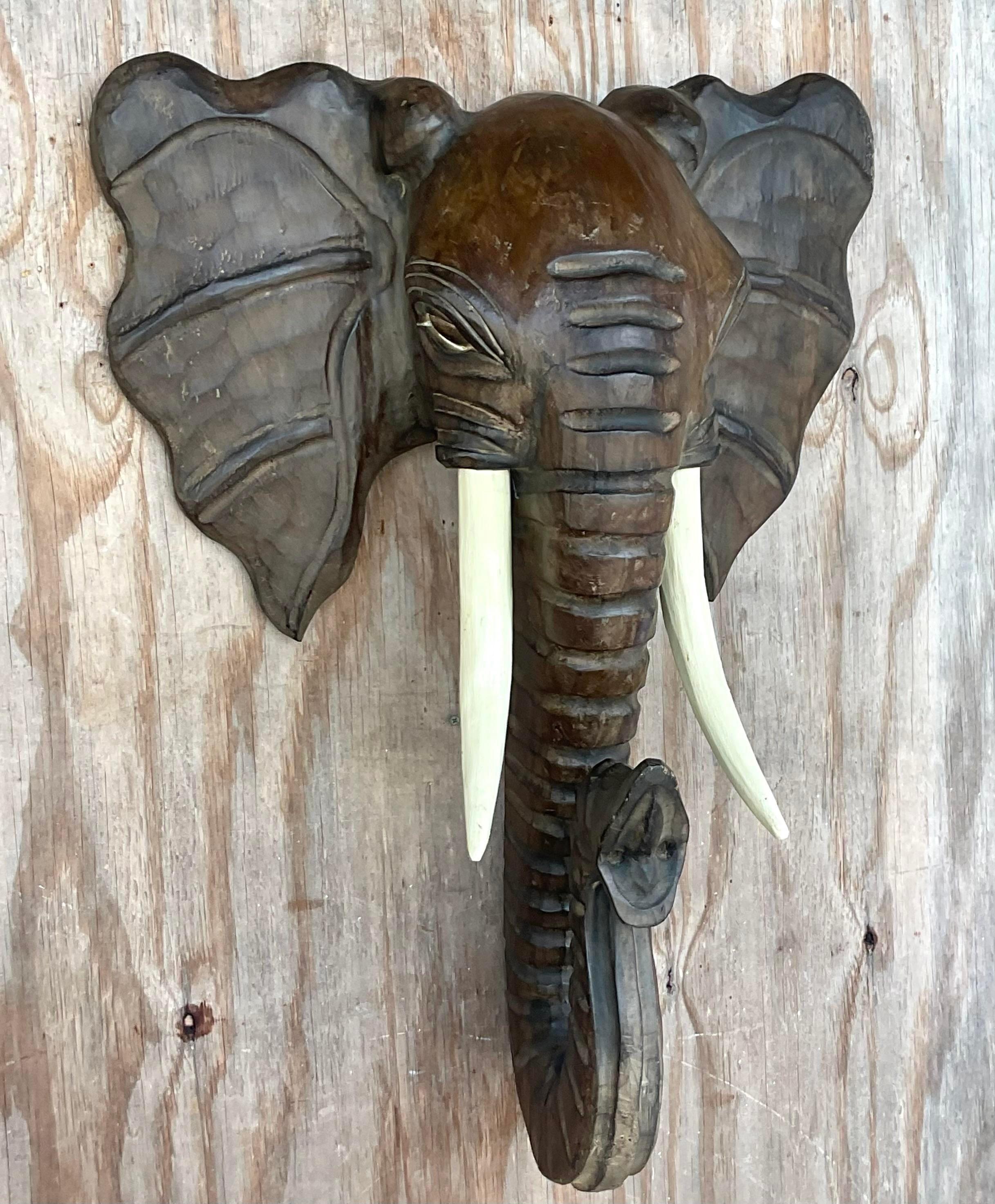 Vintage Boho Carved Elephant Wall Sculpture For Sale 1