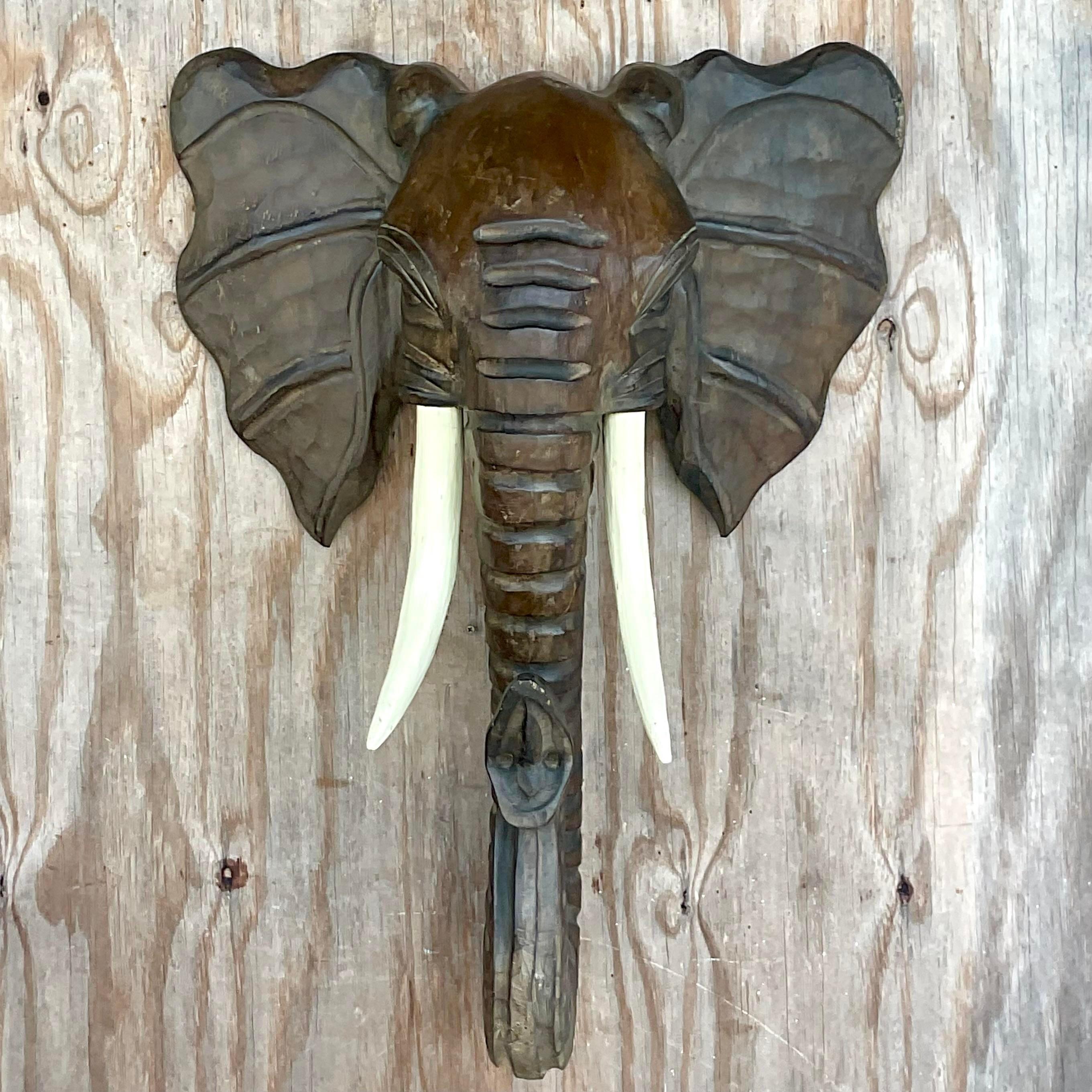 Vintage Boho Carved Elephant Wall Sculpture For Sale 2