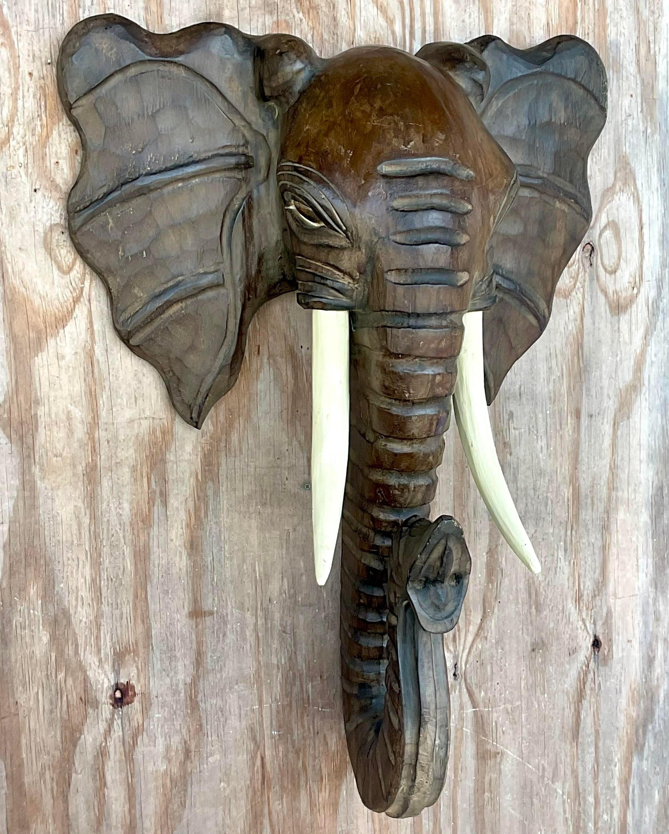 Vintage Boho Carved Elephant Wall Sculpture For Sale 3