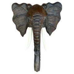 Vintage Boho Carved Elephant Wall Sculpture