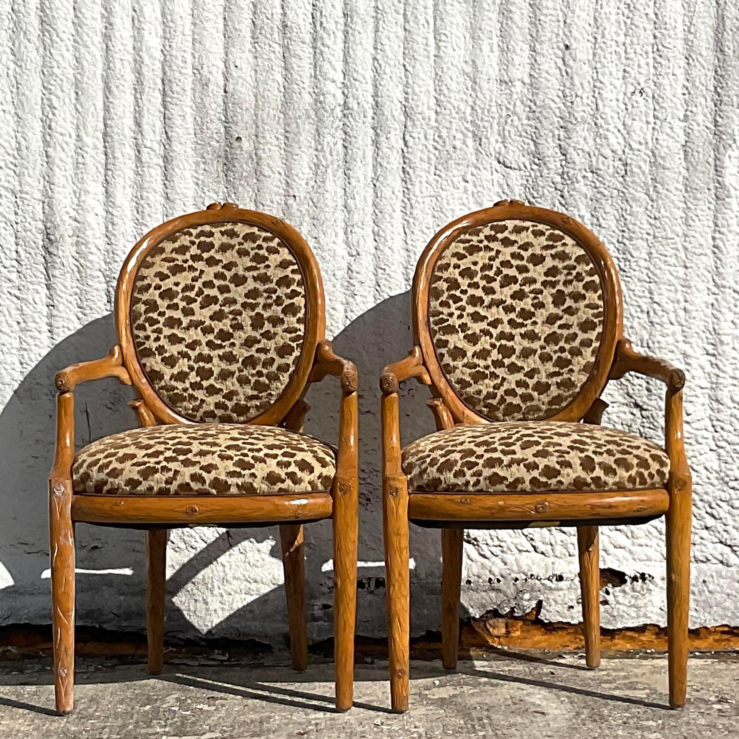 American Vintage Boho Carved Faux Bois Arm Chairs - a Pair