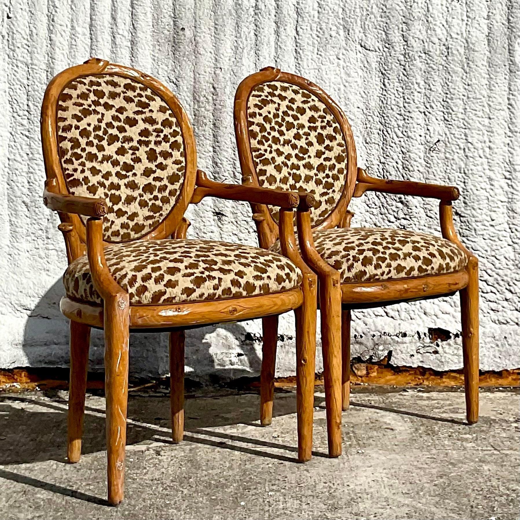 Vintage Boho Carved Faux Bois Arm Chairs - a Pair In Good Condition For Sale In west palm beach, FL