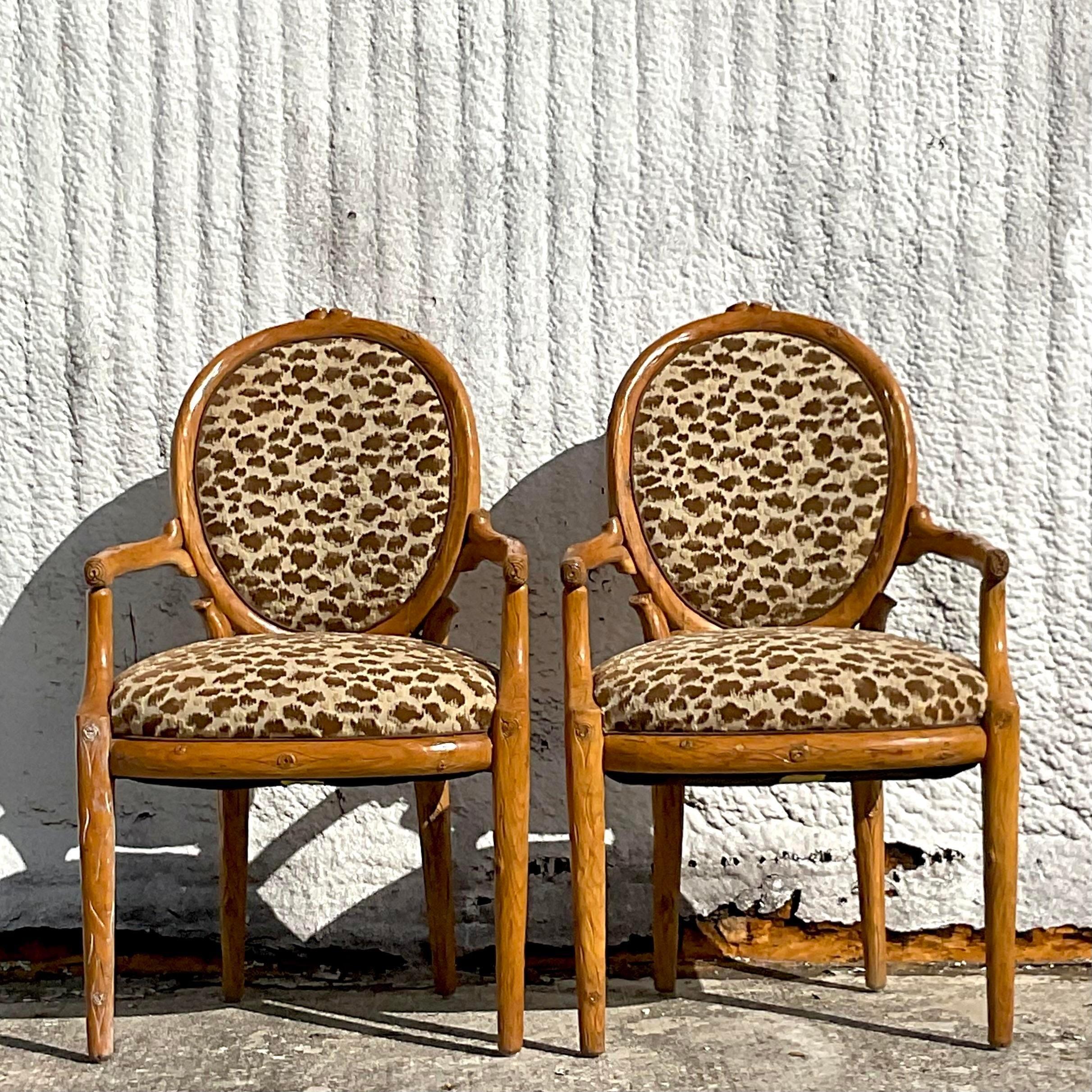 20th Century Vintage Boho Carved Faux Bois Arm Chairs - a Pair For Sale