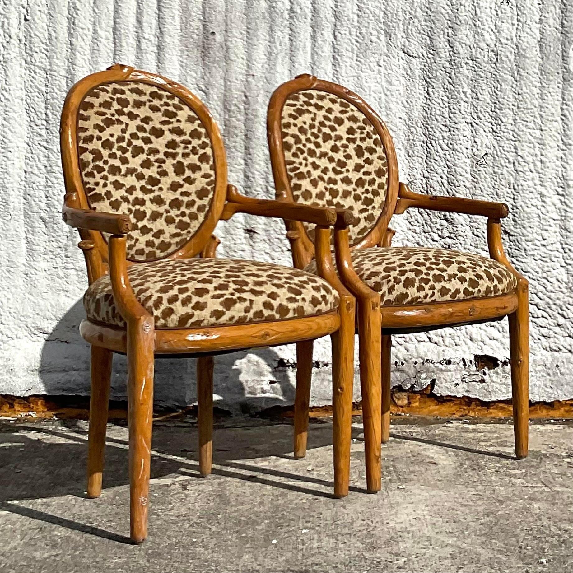 Silk Vintage Boho Carved Faux Bois Arm Chairs - a Pair For Sale