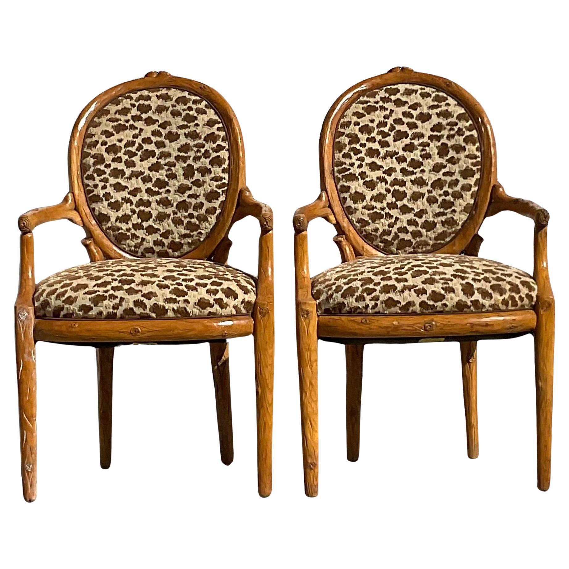 Vintage Boho Carved Faux Bois Arm Chairs - a Pair
