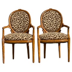 Retro Boho Carved Faux Bois Arm Chairs - a Pair