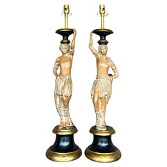 Vintage Boho Carved Figural Lamps - a Pair