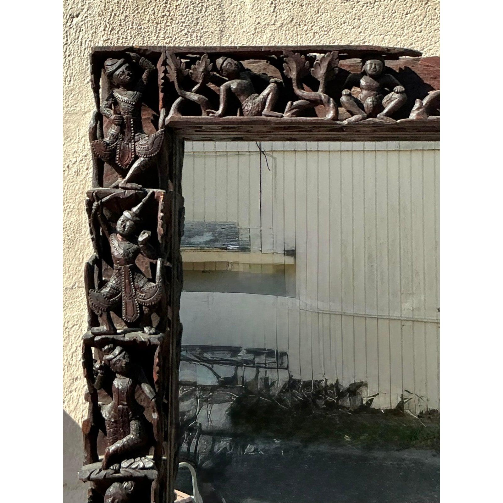 Rustic Vintage Boho Carved Figural Mirror For Sale