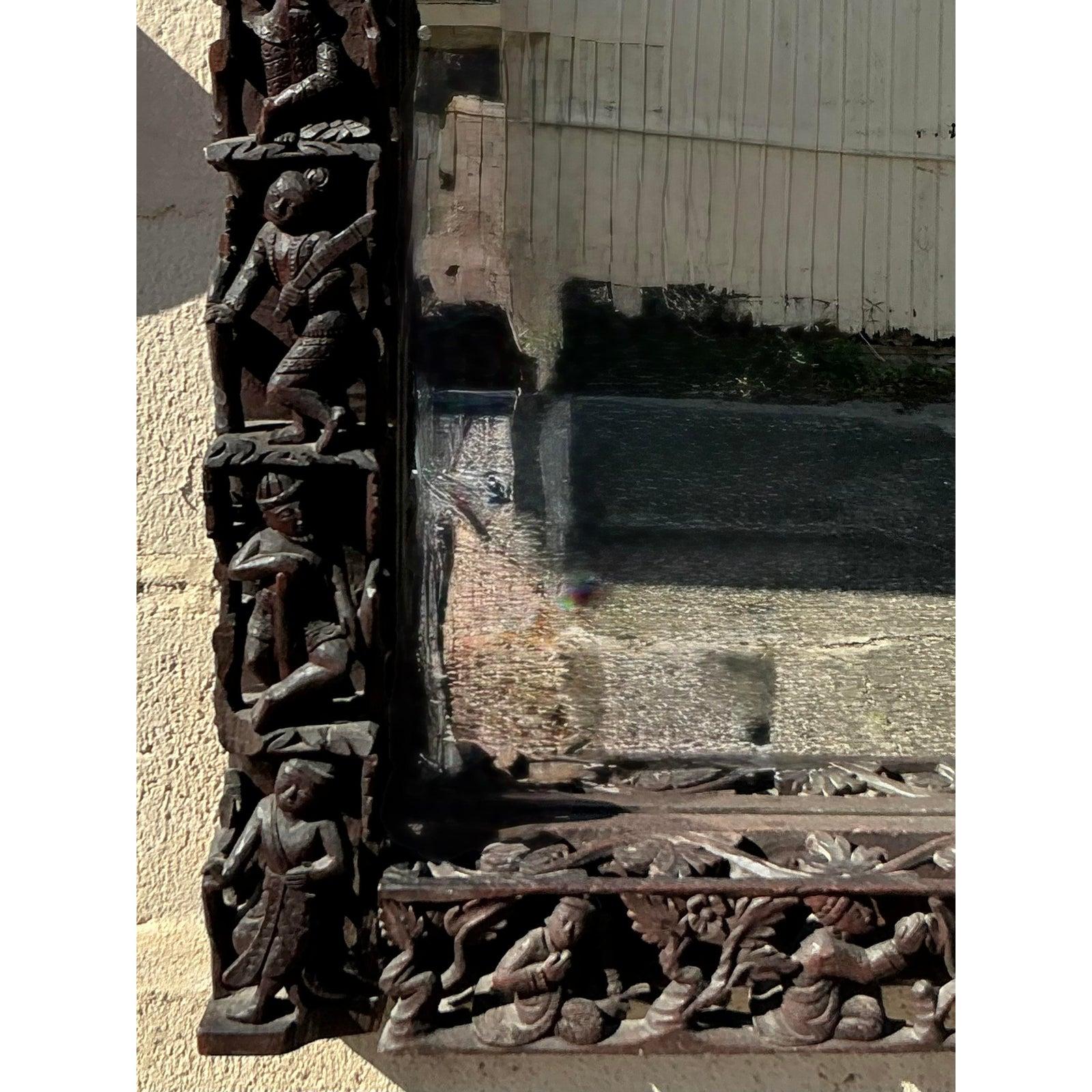 Philippine Vintage Boho Carved Figural Mirror For Sale