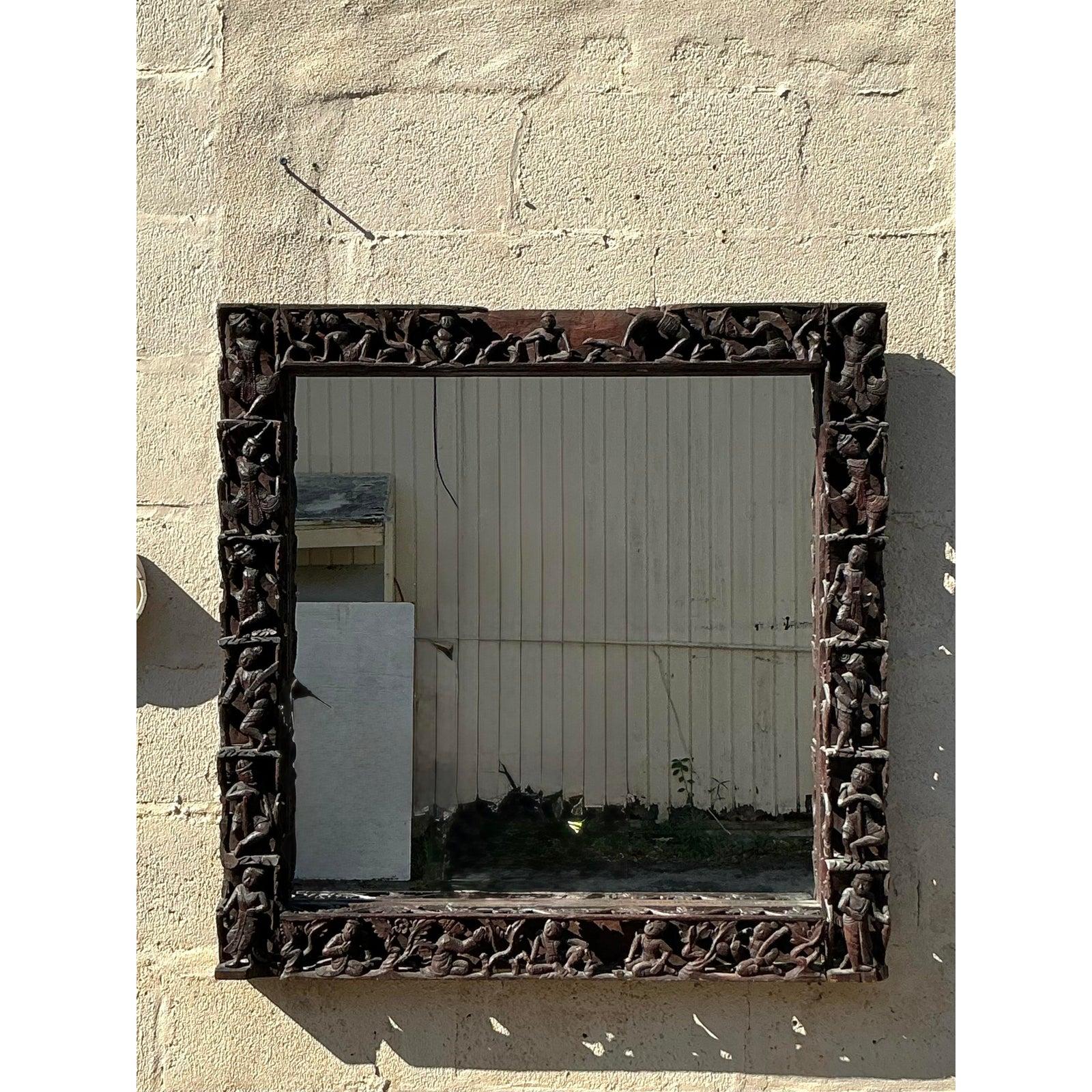 Vintage Boho Carved Figural Mirror In Good Condition For Sale In West Palm Beach, FL