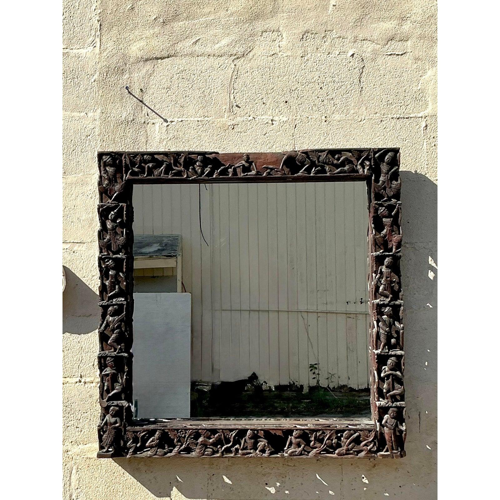 20th Century Vintage Boho Carved Figural Mirror For Sale