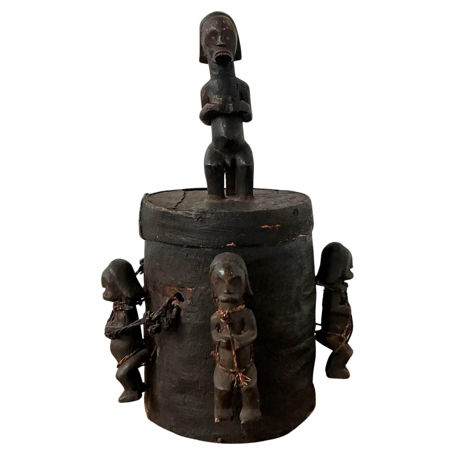 Vintage Boho Carved Figure Tribal Lidded Pot