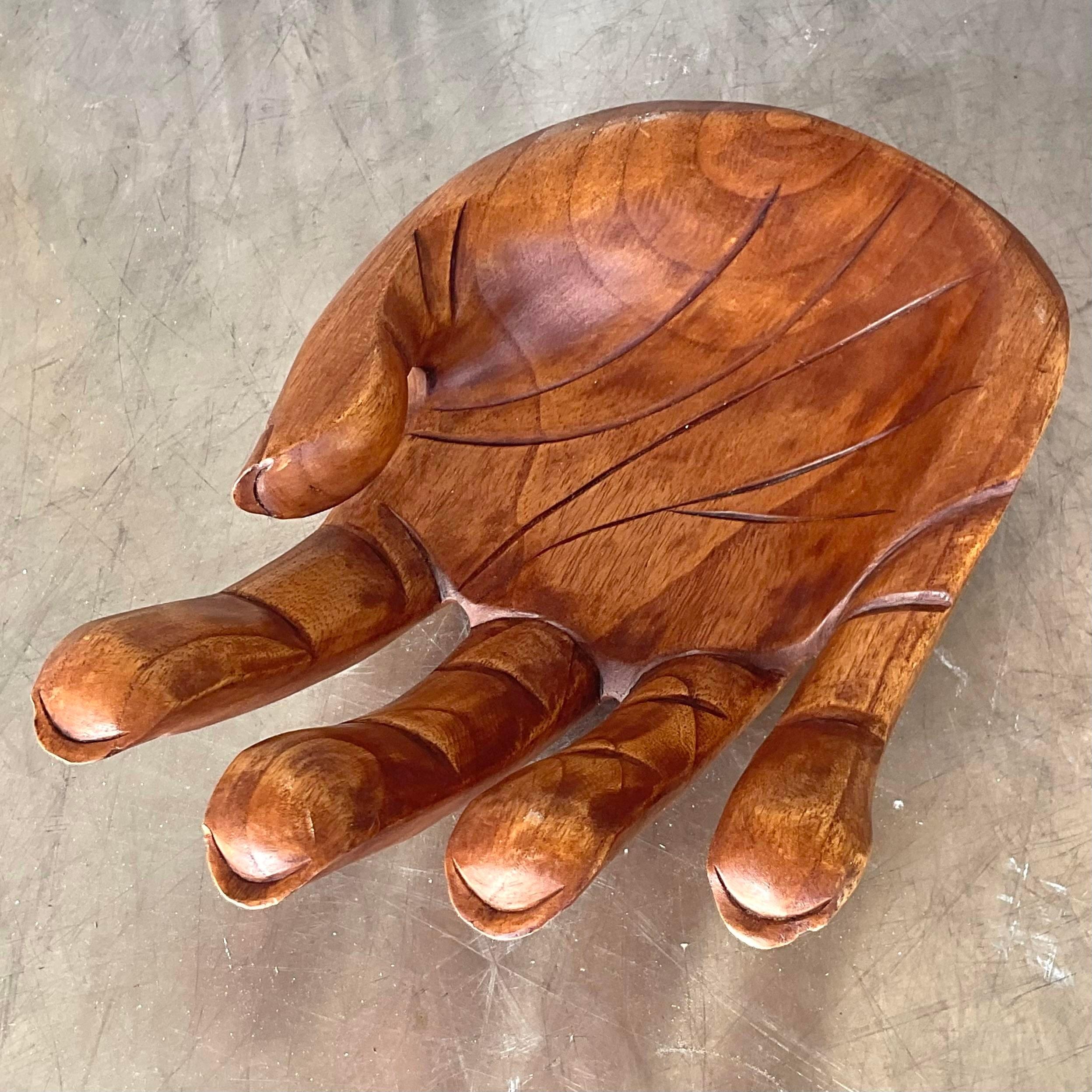 Vintage Boho Carved Hand Catchall For Sale 4