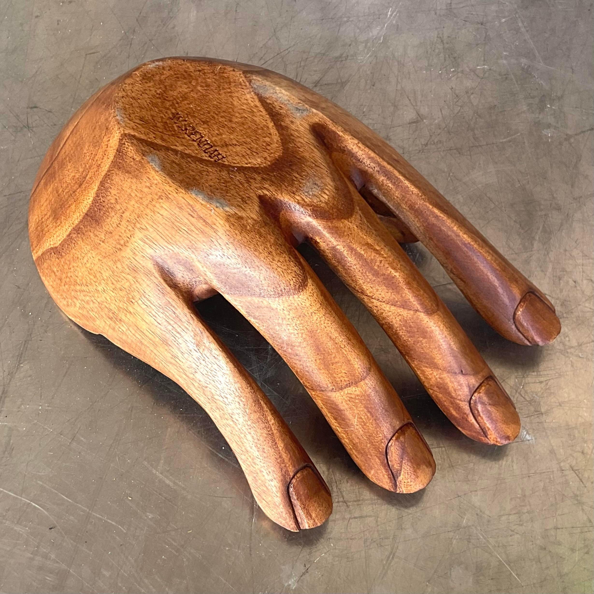 Wood Vintage Boho Carved Hand Catchall For Sale