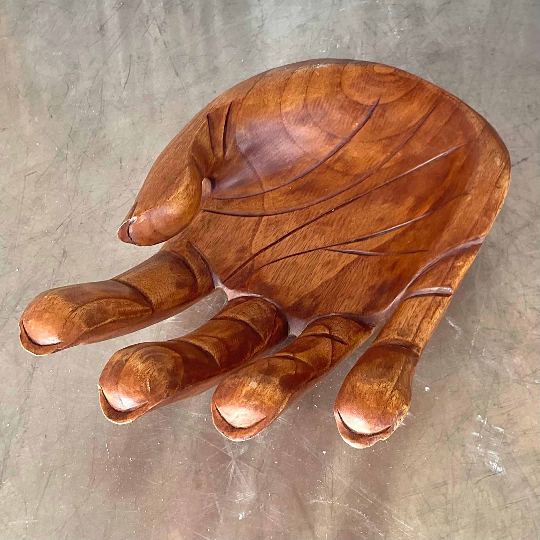 Vintage Boho Carved Hand Catchall For Sale 2