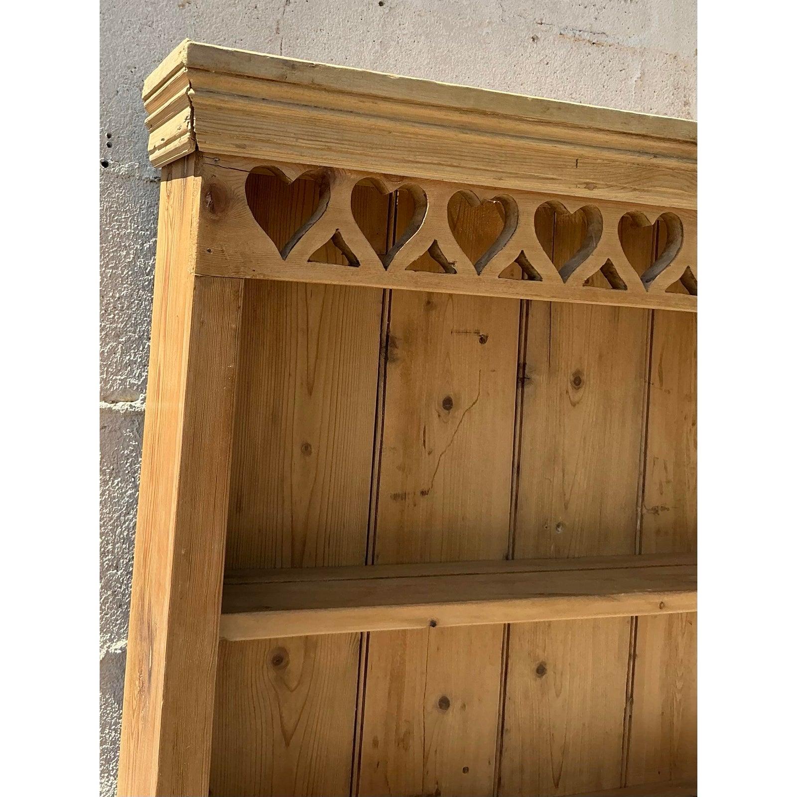 Pine Vintage Boho Carved Heart Wall Shelf For Sale