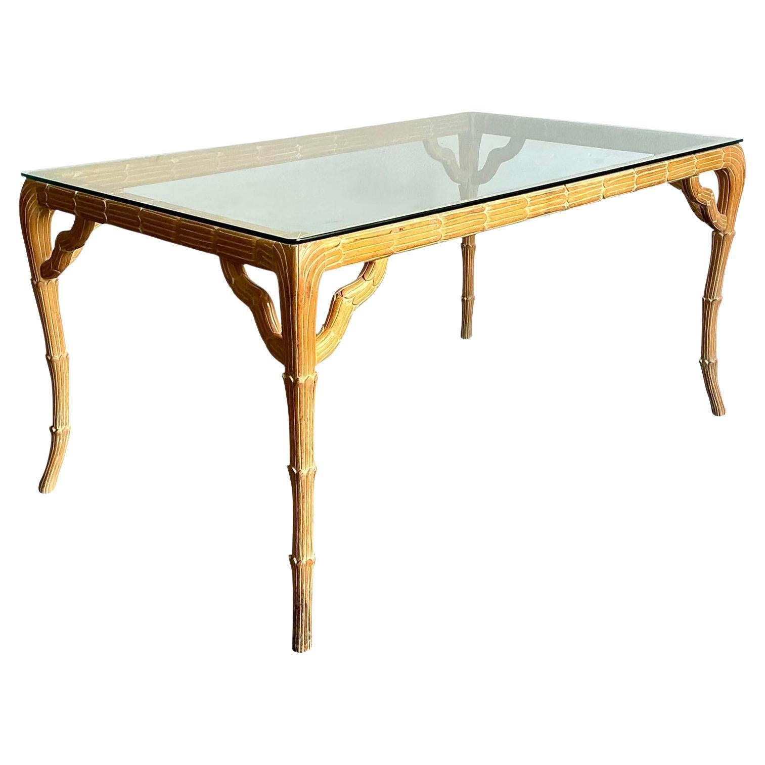 Vintage Boho Carved Laurel Leaf Dining Table For Sale