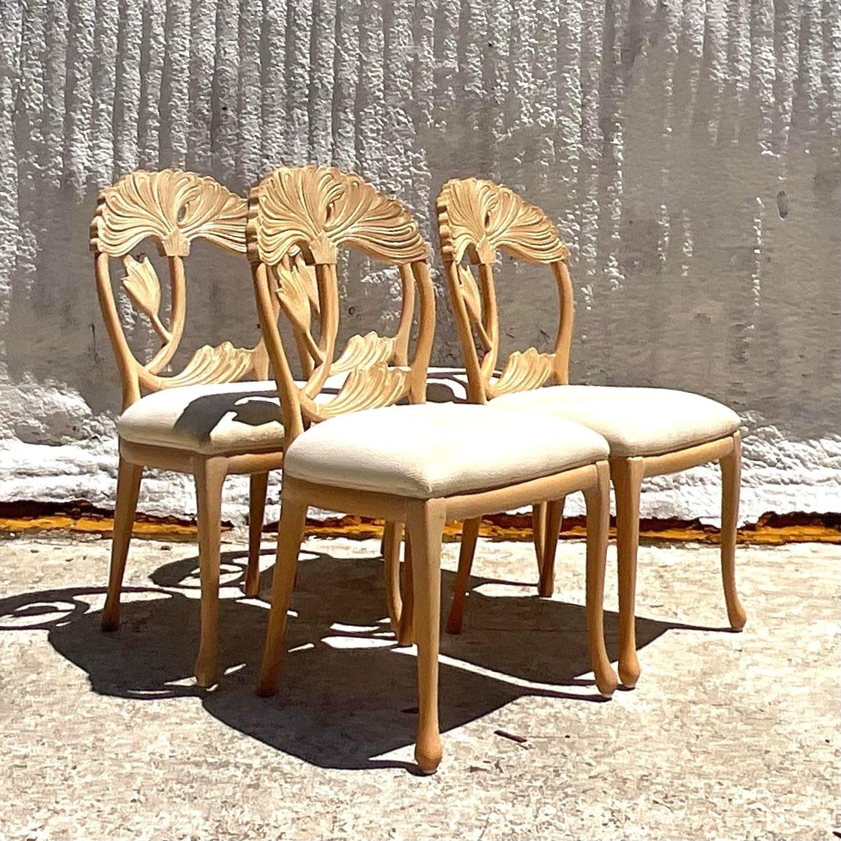 American Vintage Boho Carved Lotus Blossom Dining Chairs - Set of 4 For Sale