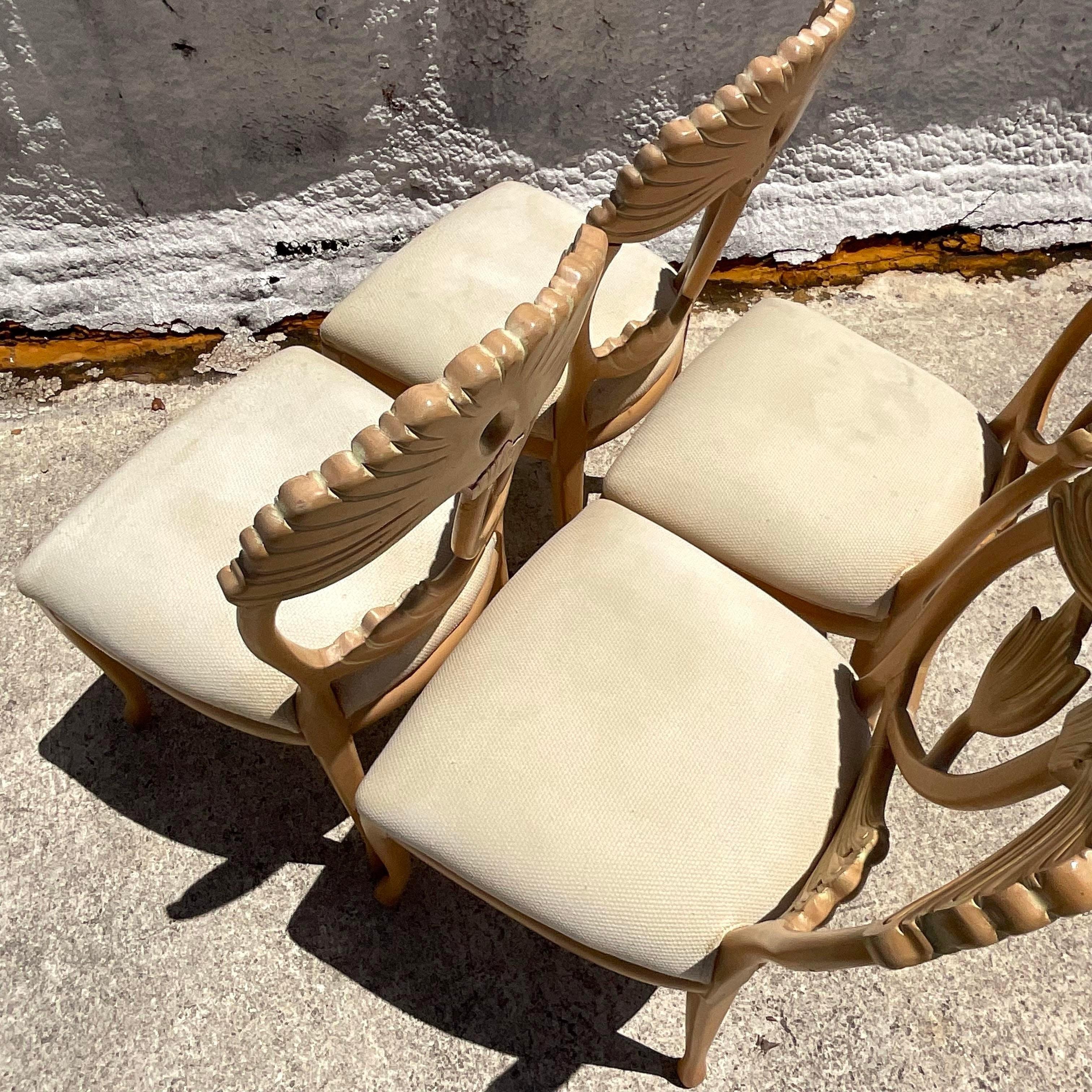 Vintage Boho Carved Lotus Blossom Dining Chairs - Set of 4 In Good Condition In west palm beach, FL