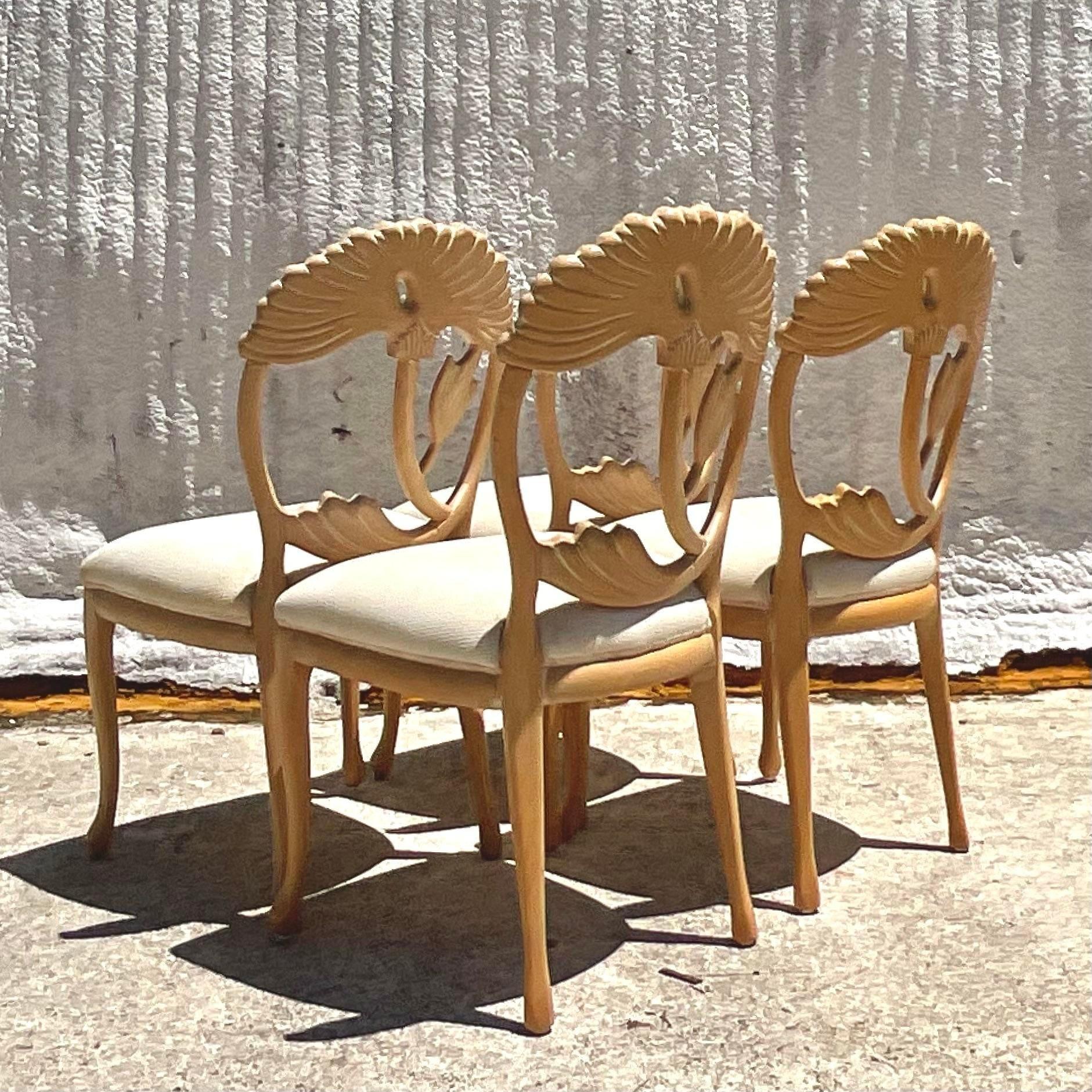 20th Century Vintage Boho Carved Lotus Blossom Dining Chairs - Set of 4